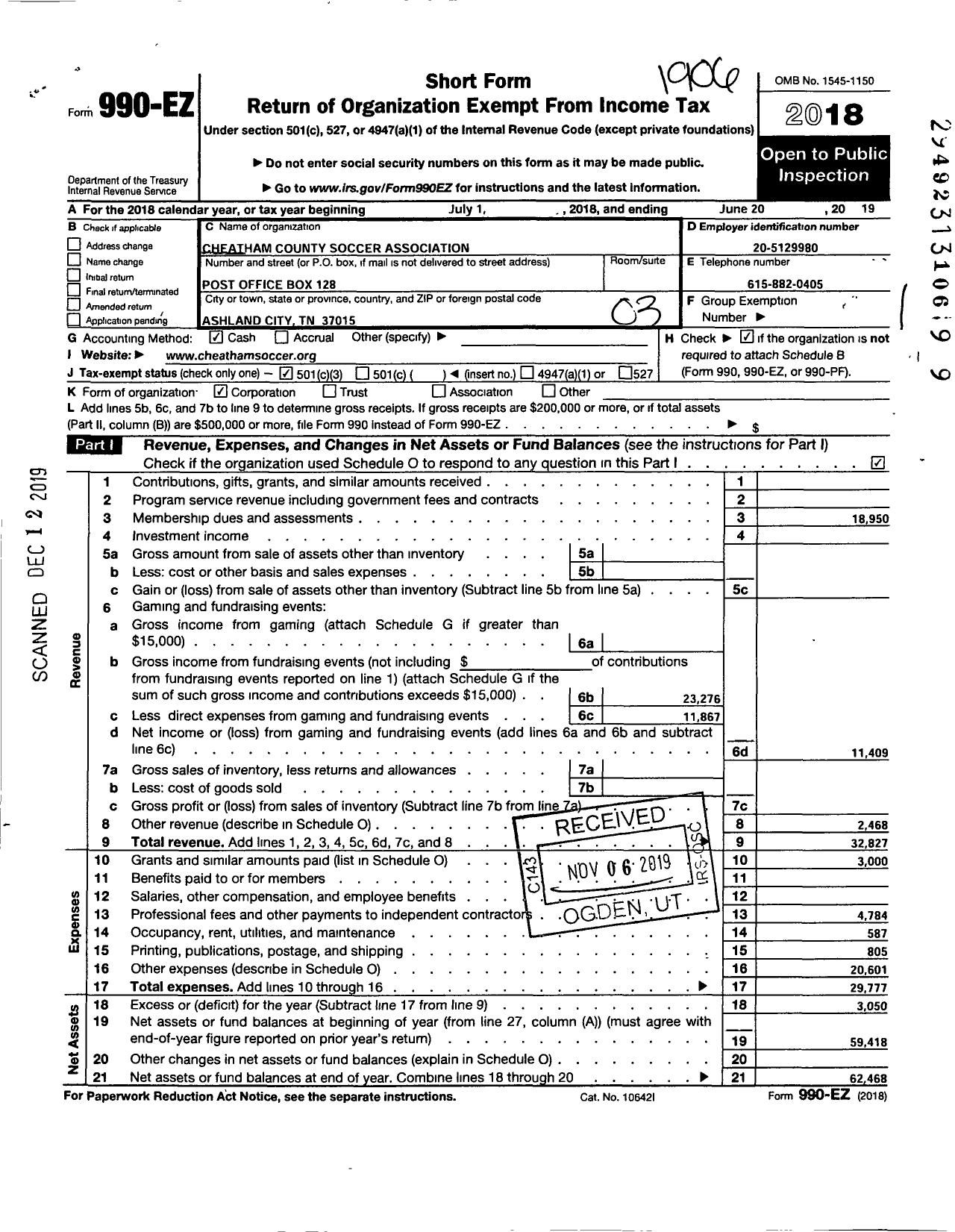 Image of first page of 2018 Form 990EZ for Cheatham County Soccer Association