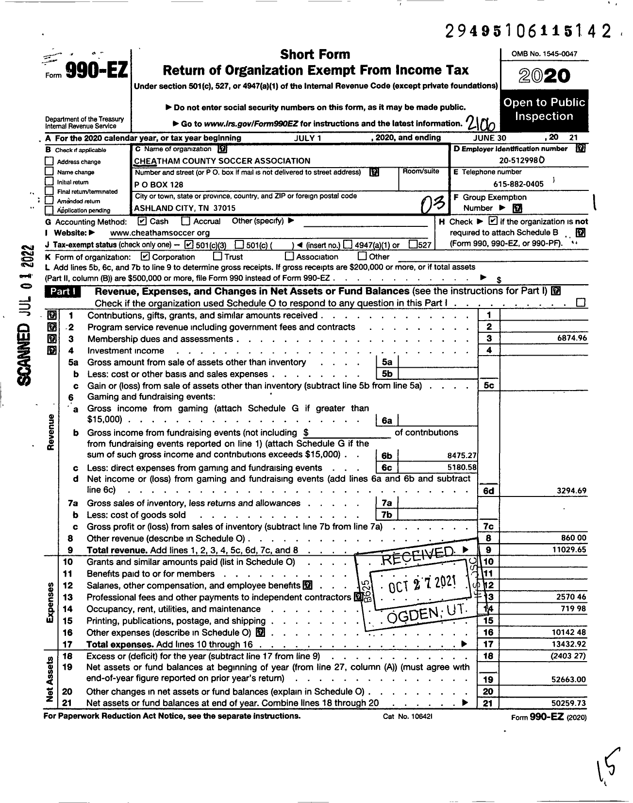 Image of first page of 2020 Form 990EZ for Cheatham County Soccer Association