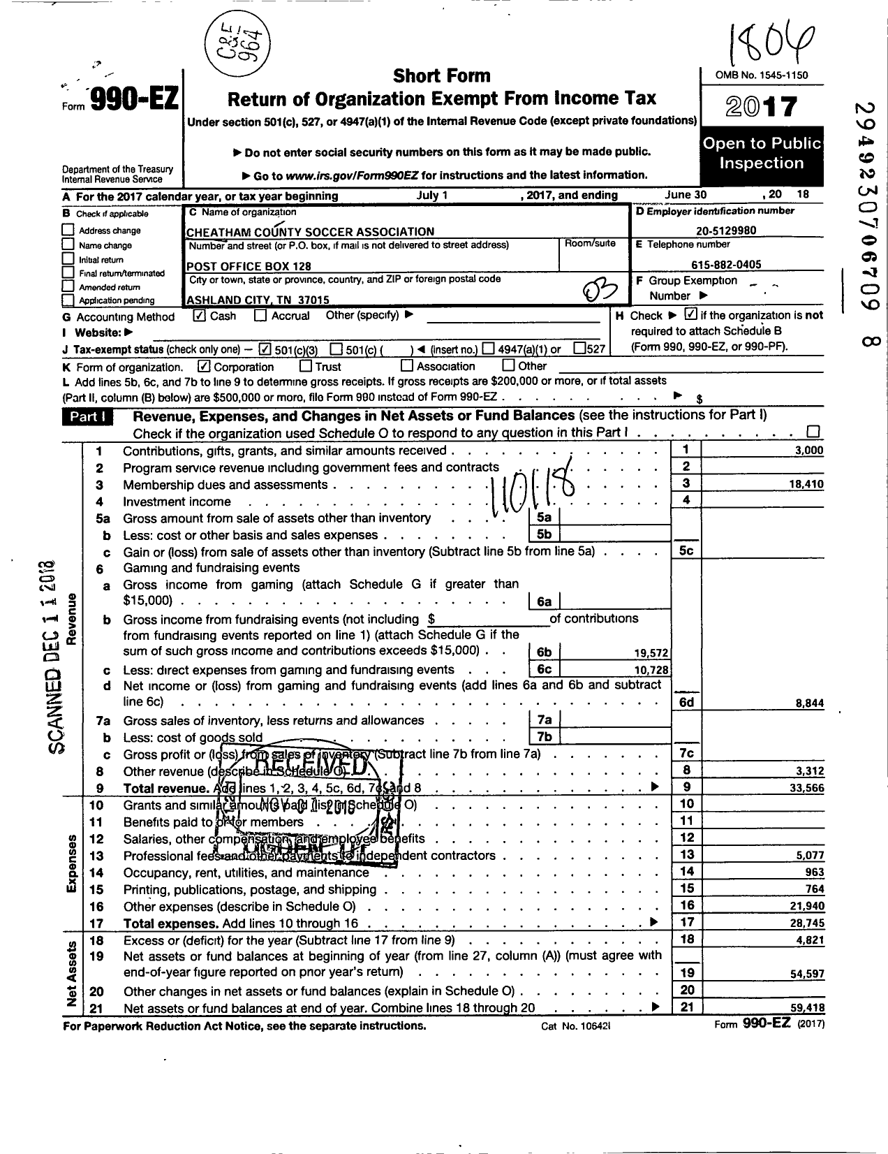 Image of first page of 2017 Form 990EZ for Cheatham County Soccer Association