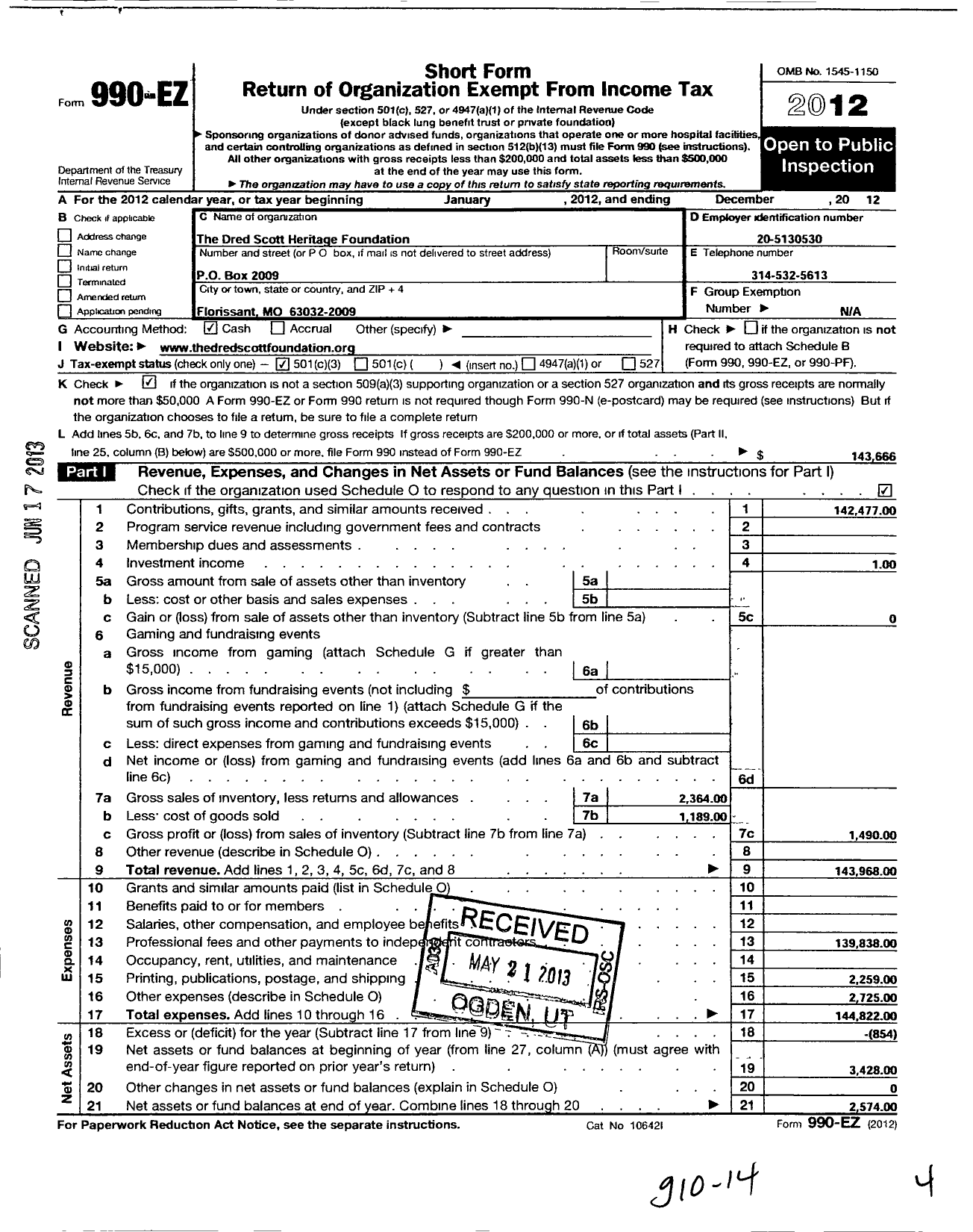 Image of first page of 2012 Form 990EZ for The Dred Scott Heritage Foundatiion