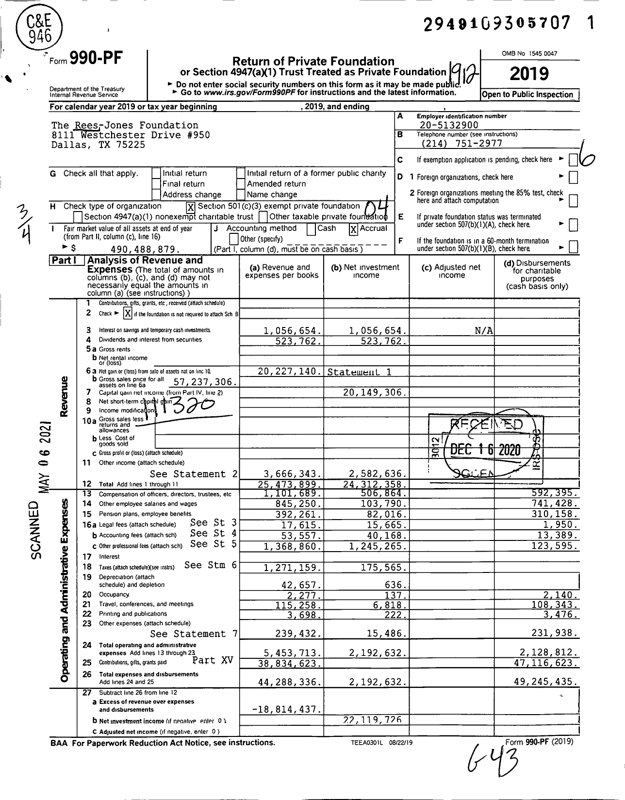 Image of first page of 2019 Form 990PF for Rees-Jones Foundation