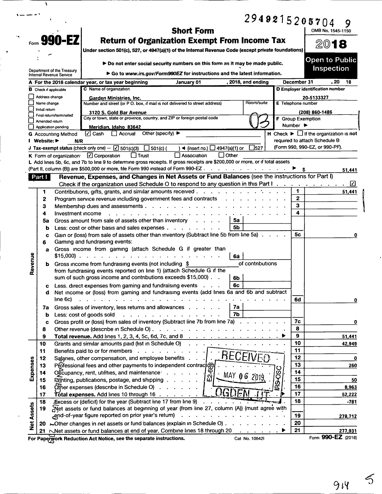 Image of first page of 2018 Form 990EZ for Garden Ministries