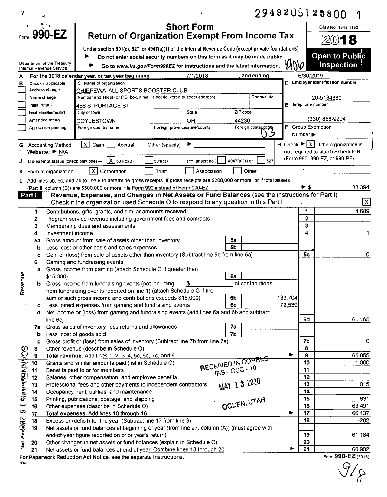 Image of first page of 2018 Form 990EZ for Chippewa All Sports Booster Club