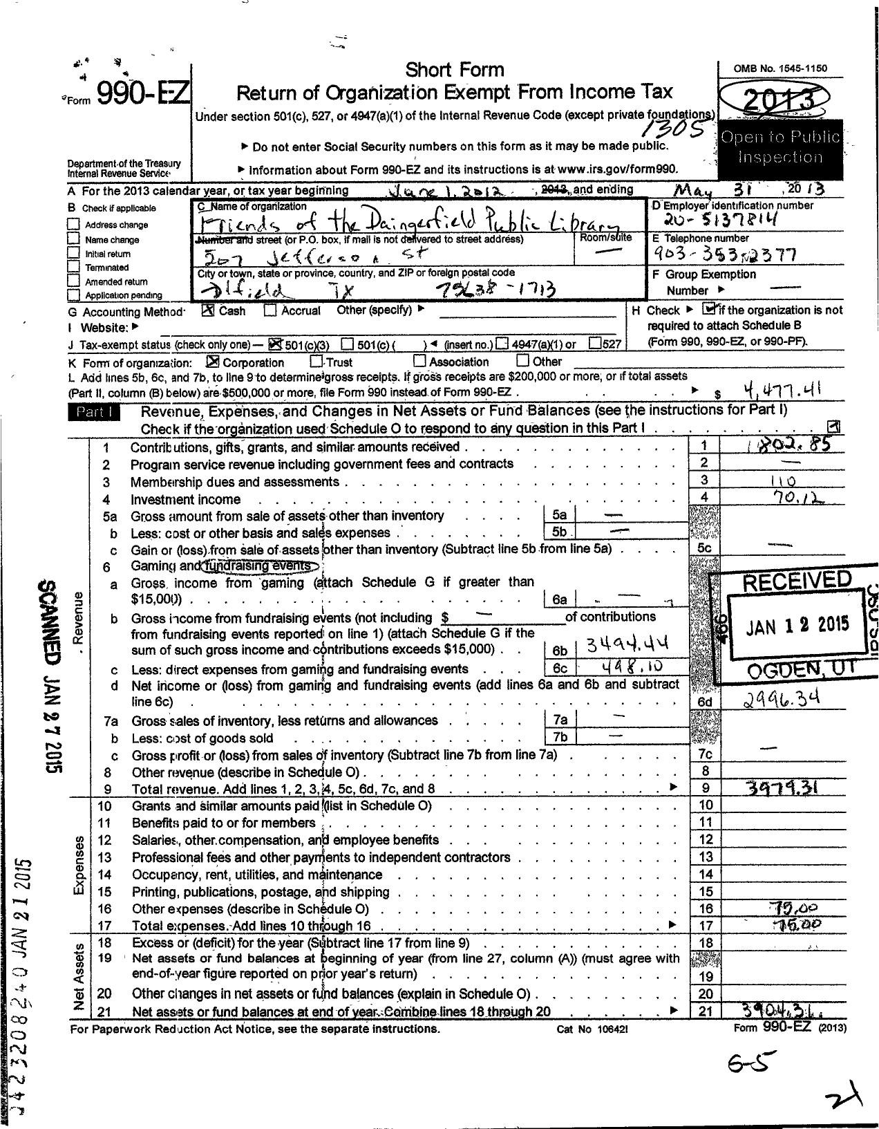 Image of first page of 2012 Form 990EZ for Friends of the Daingerfield Public Library