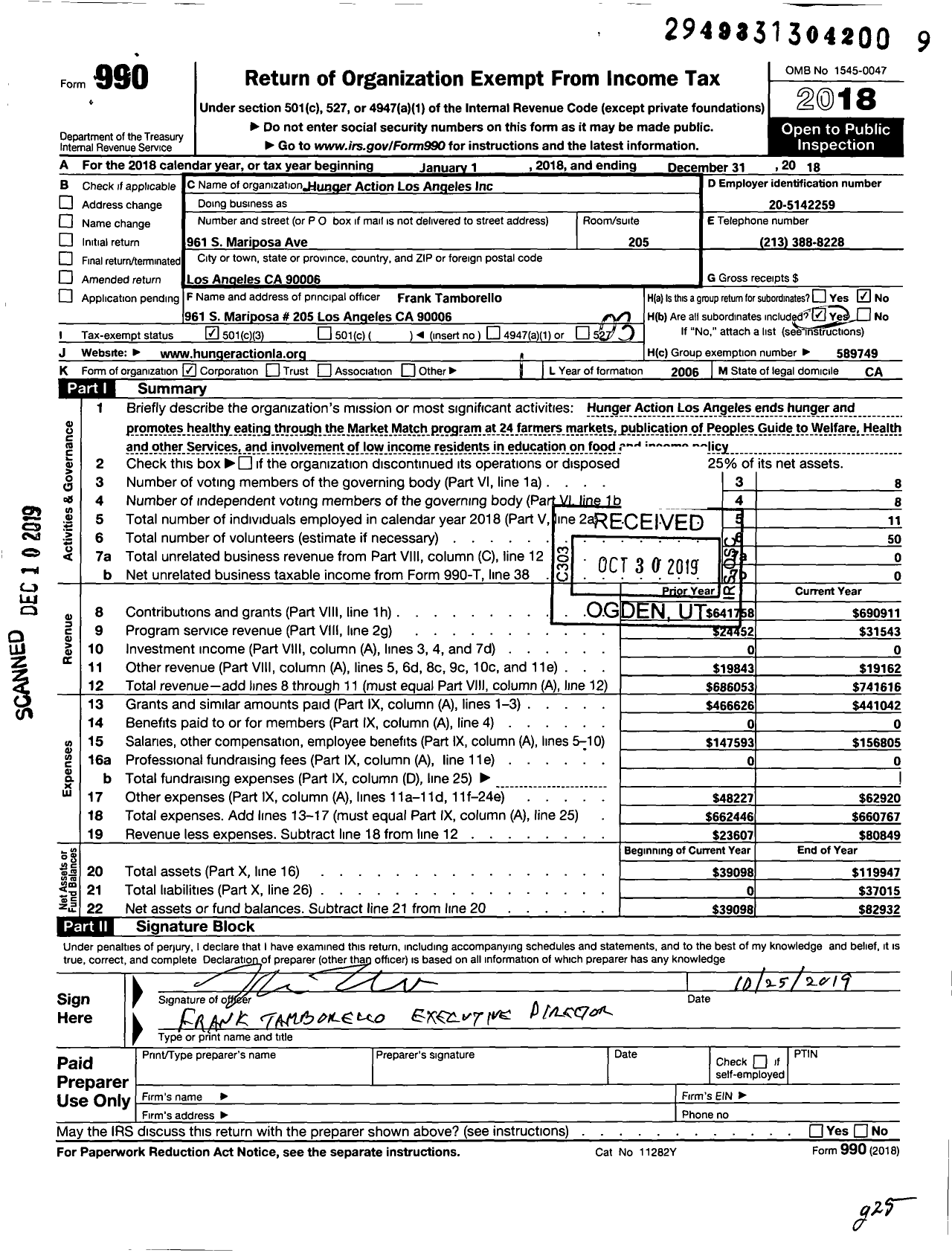 Image of first page of 2018 Form 990 for Hunger Action Los Angeles