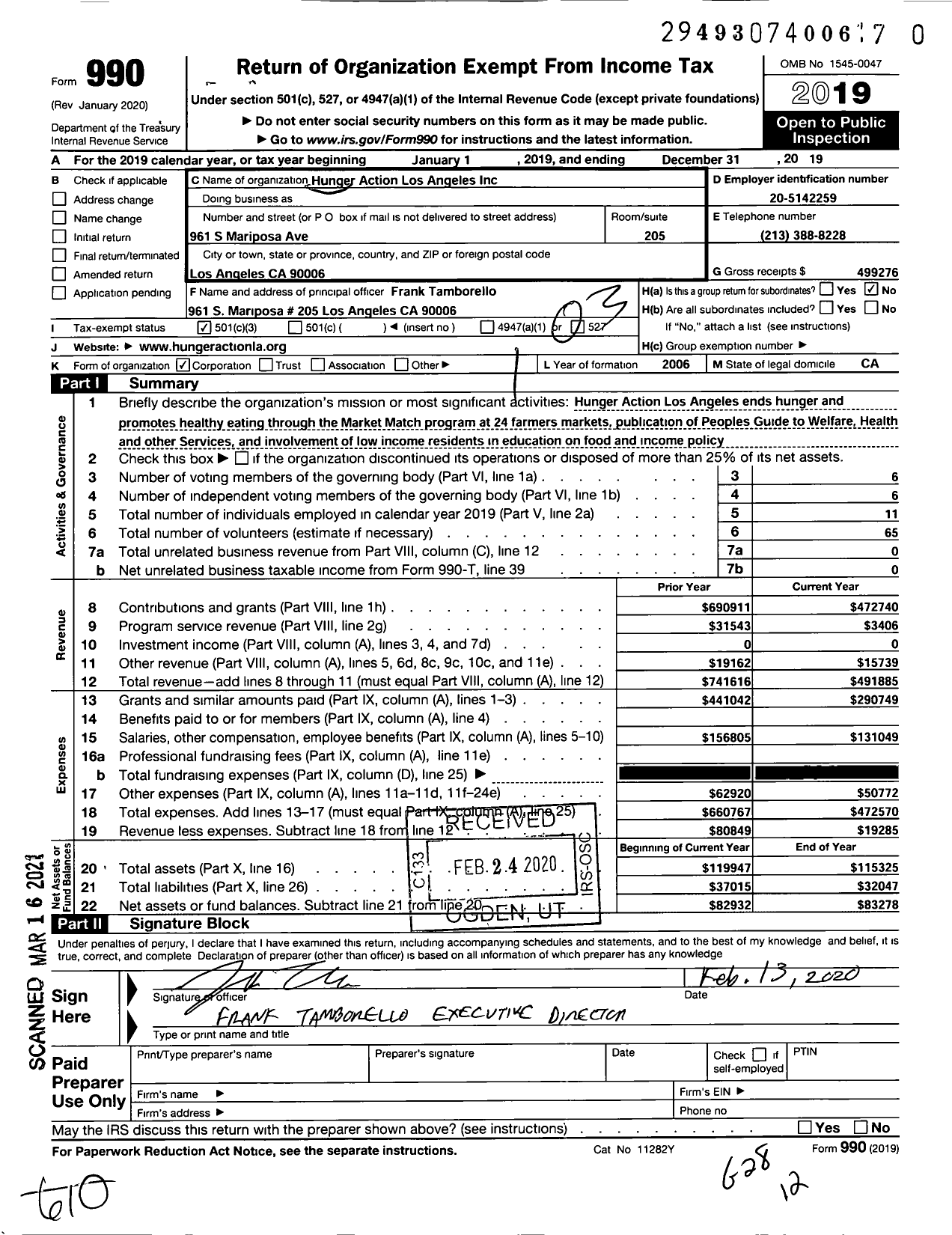 Image of first page of 2019 Form 990 for Hunger Action Los Angeles