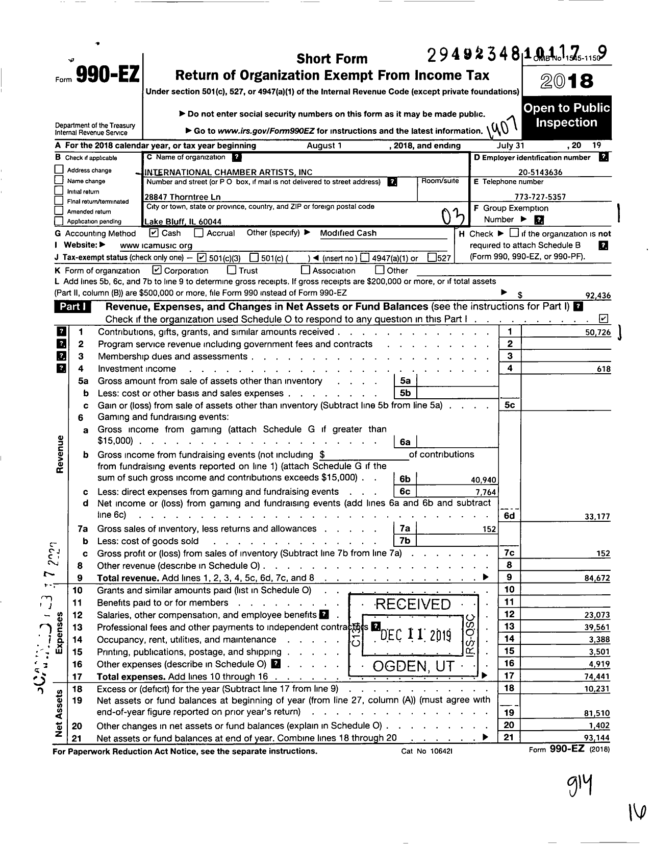 Image of first page of 2018 Form 990EZ for International Chamber Artists