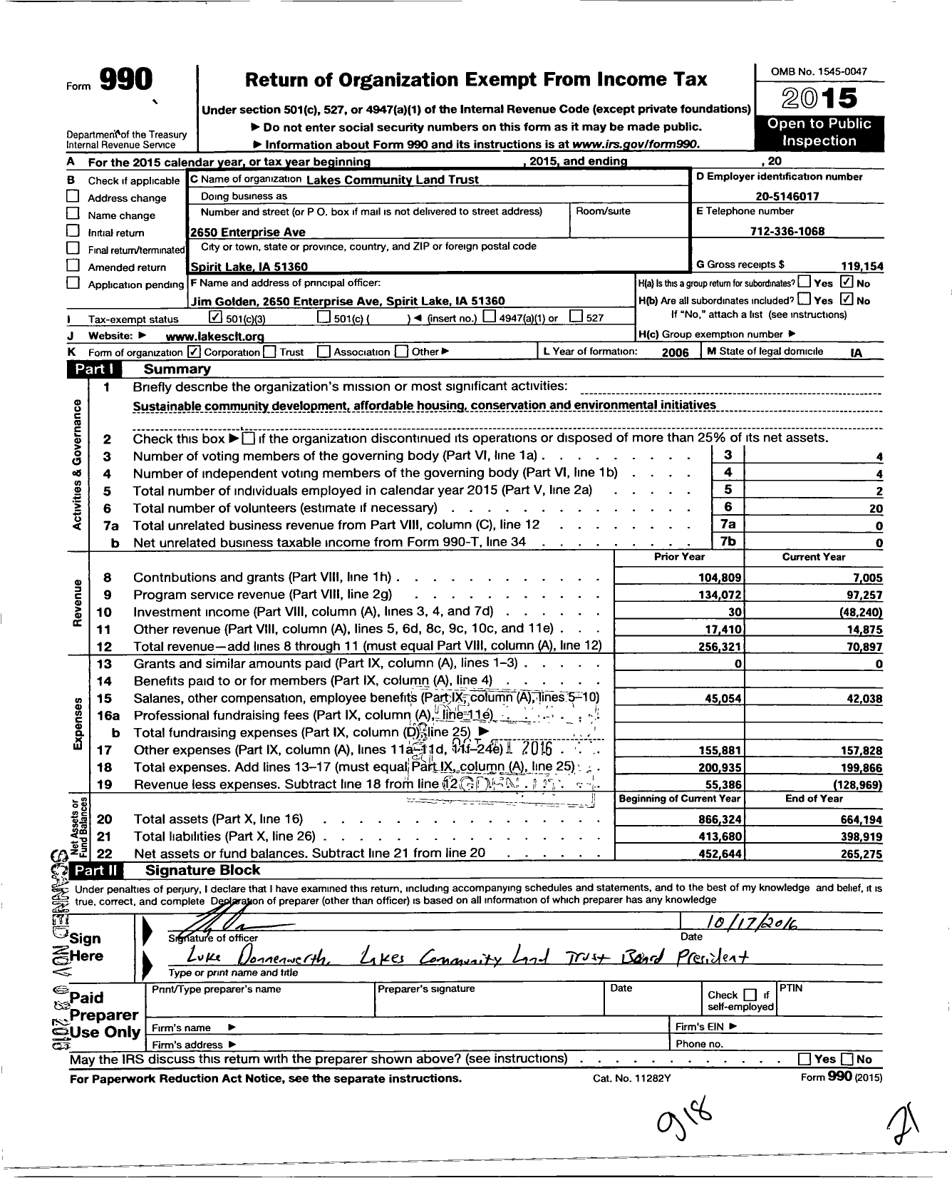 Image of first page of 2015 Form 990 for Lakes Community Land Trust