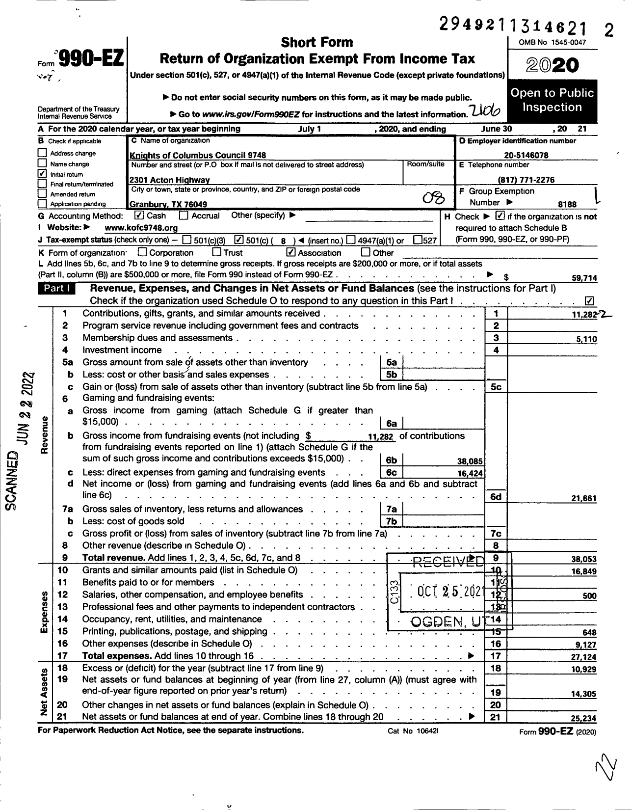 Image of first page of 2020 Form 990EO for KNIGHTS OF COLUMBUS - 9748 St Frances Cabrini Council