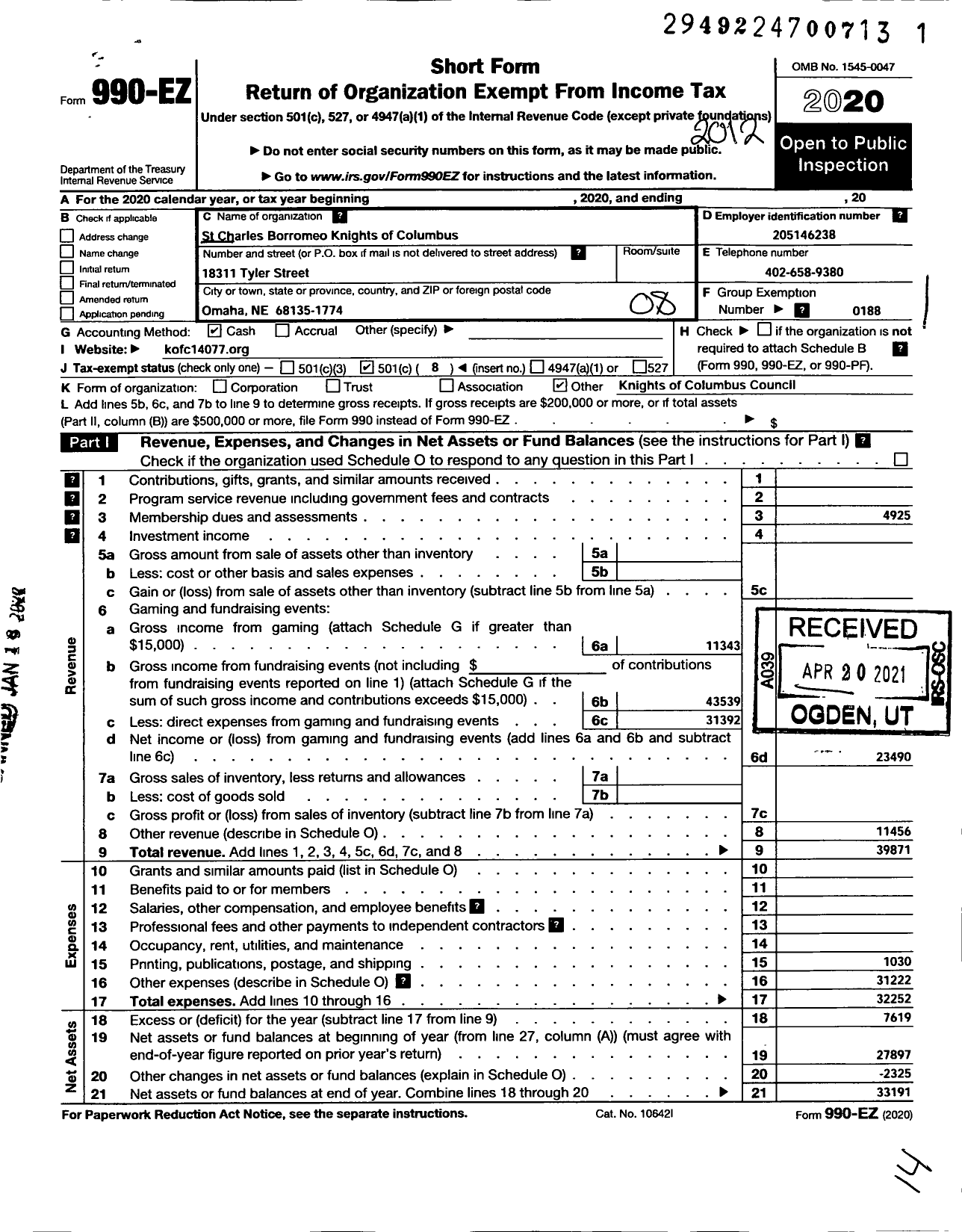 Image of first page of 2020 Form 990EO for Knights of Columbus - 14077 St Charles of Borromeo CNCL