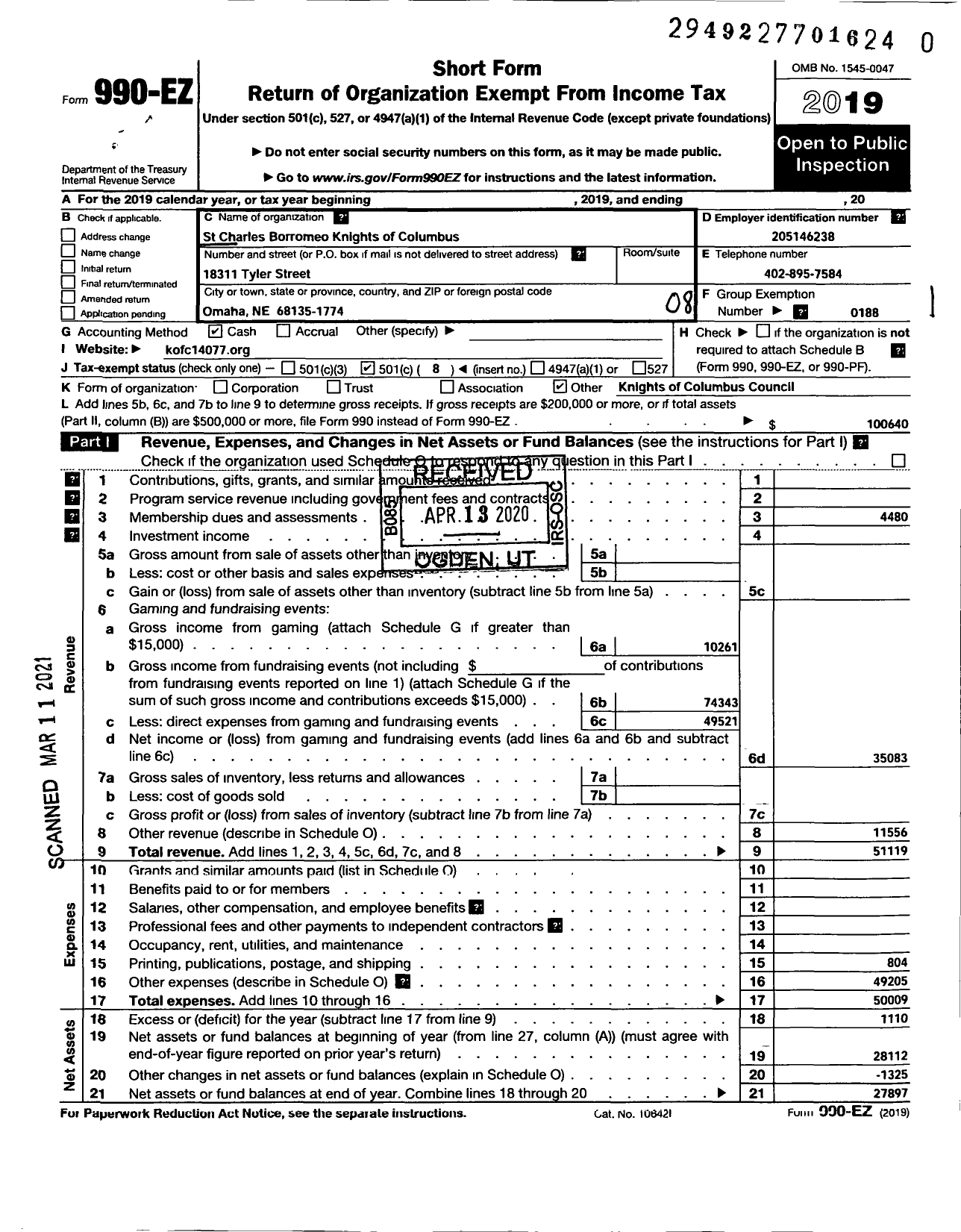 Image of first page of 2019 Form 990EO for Knights of Columbus - 14077 St Charles of Borromeo CNCL