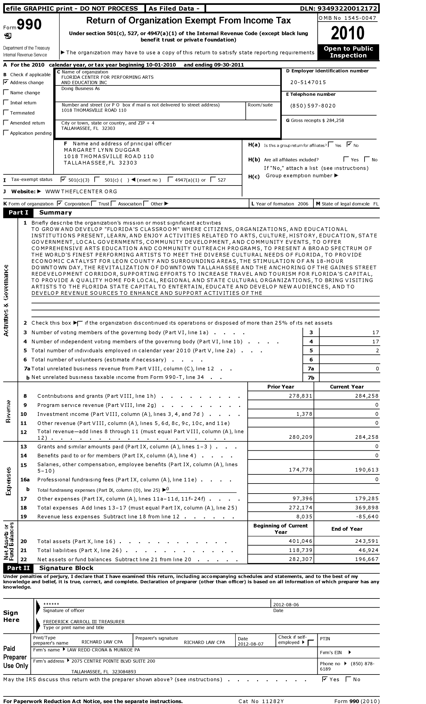 Image of first page of 2010 Form 990 for Florida Center for Performing Arts and Education