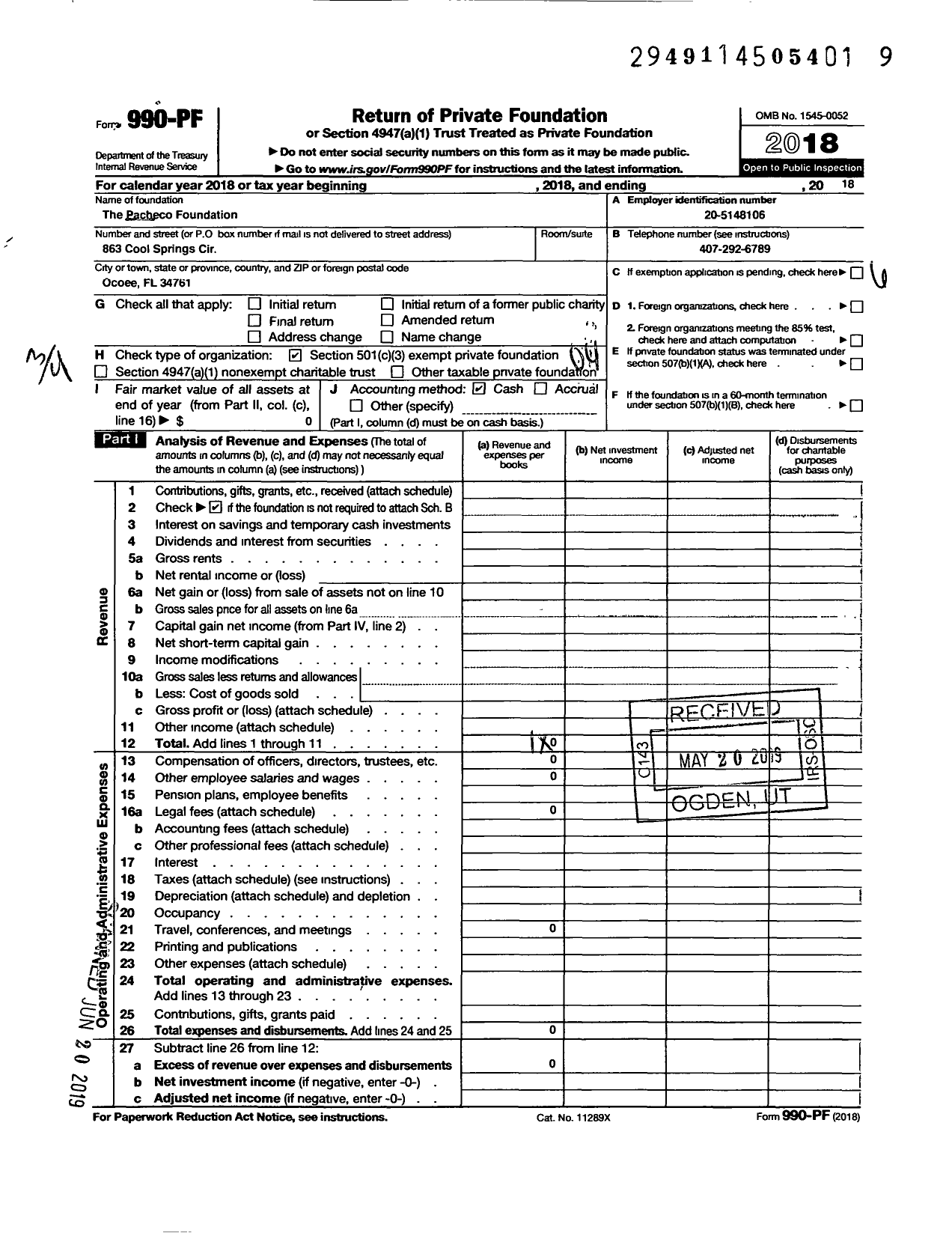 Image of first page of 2018 Form 990PF for The Pacheco Foundation