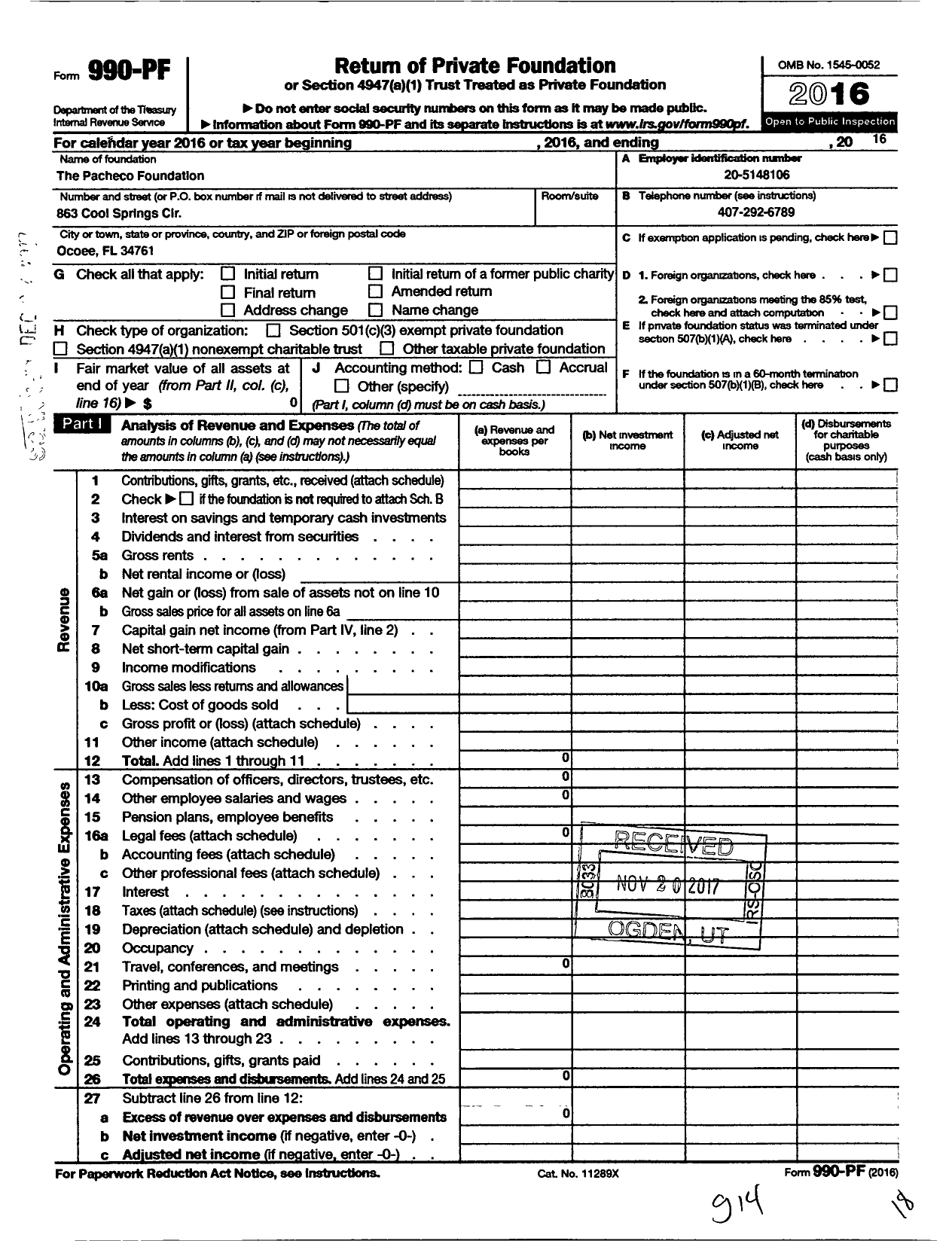 Image of first page of 2016 Form 990PF for The Pacheco Foundation