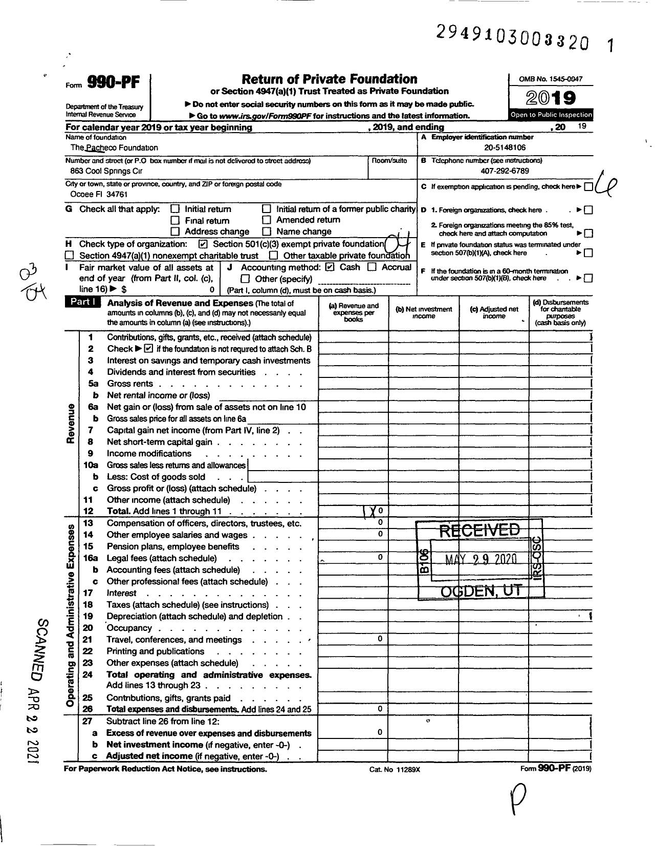 Image of first page of 2019 Form 990PF for The Pacheco Foundation