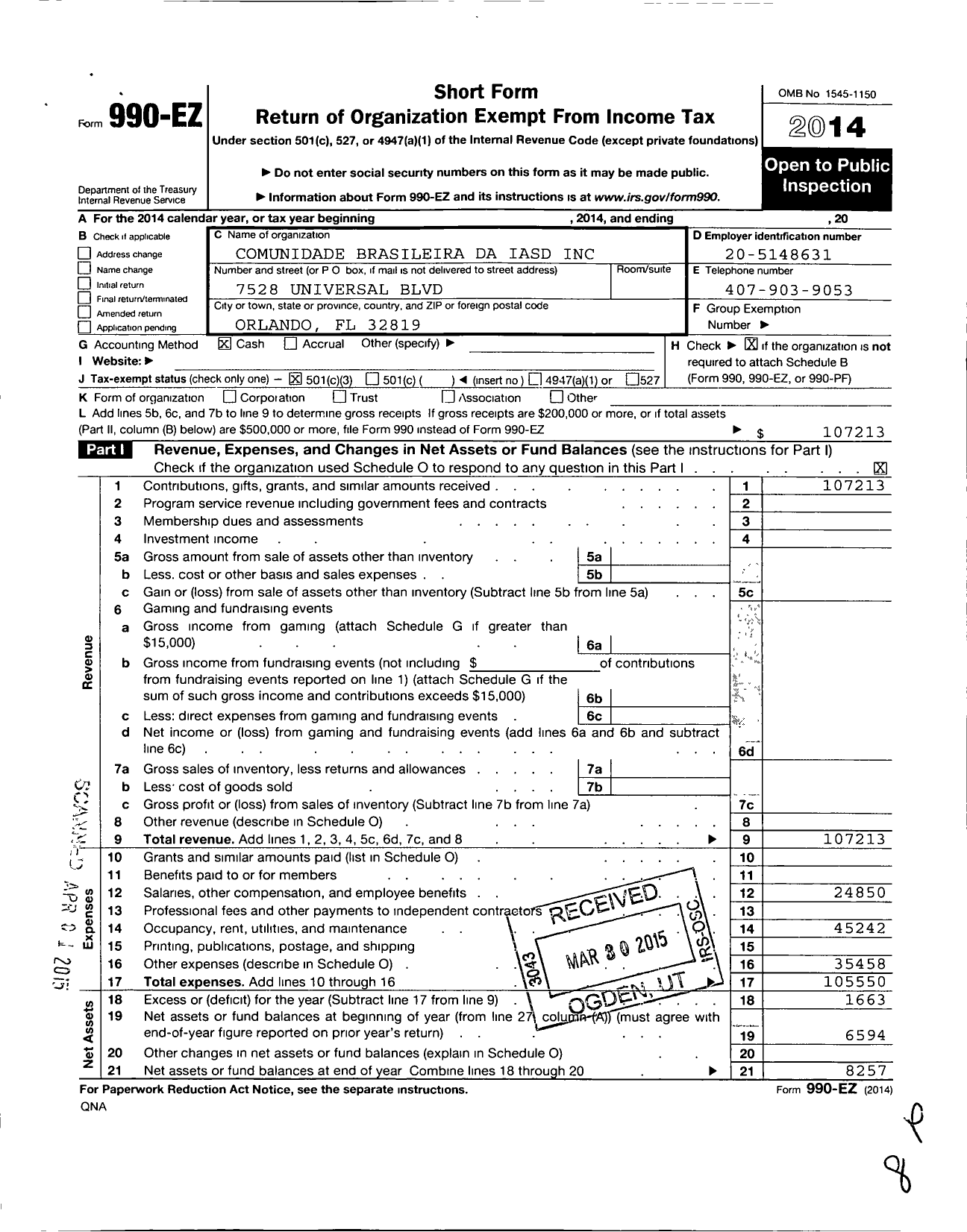 Image of first page of 2014 Form 990EZ for Comunidade Brasileira