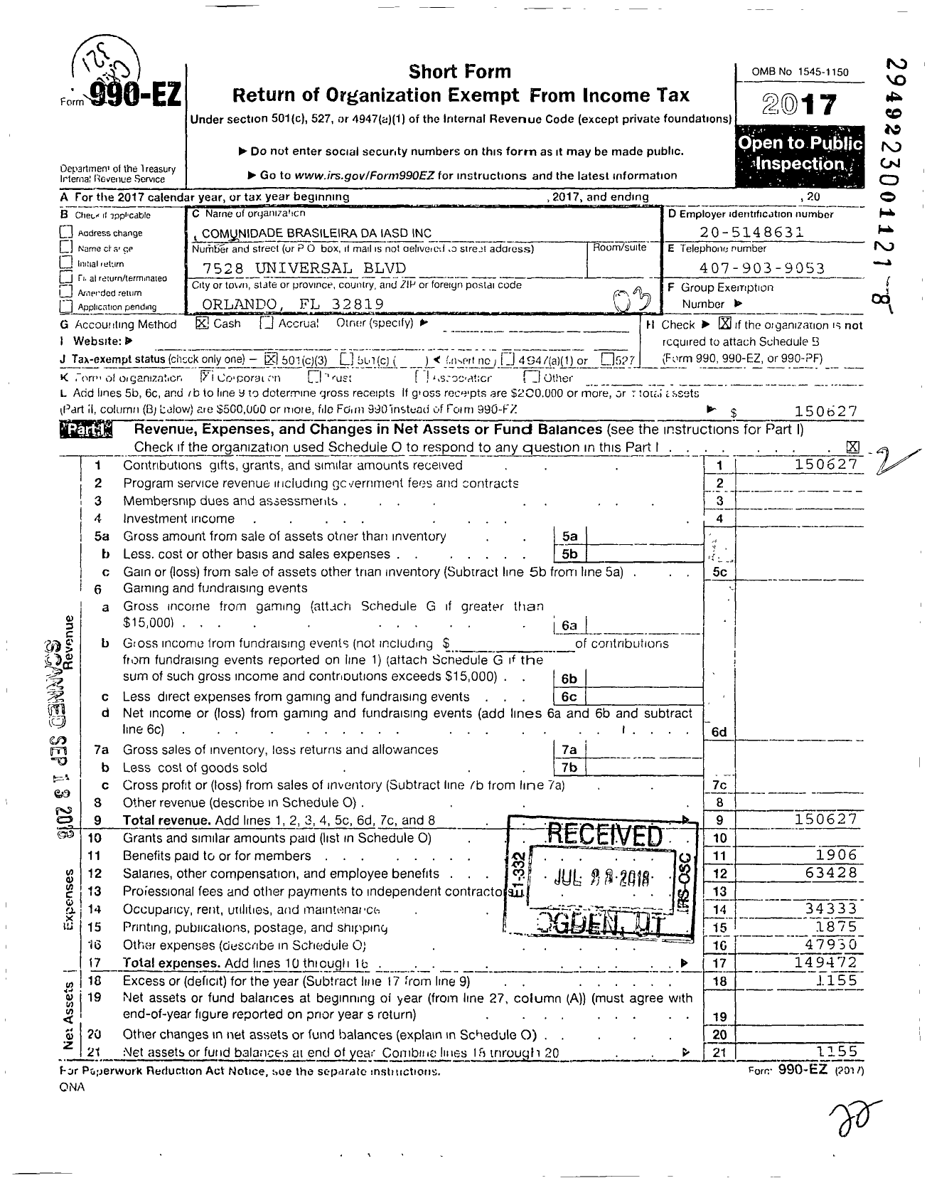 Image of first page of 2017 Form 990EZ for Comunidade Brasileira