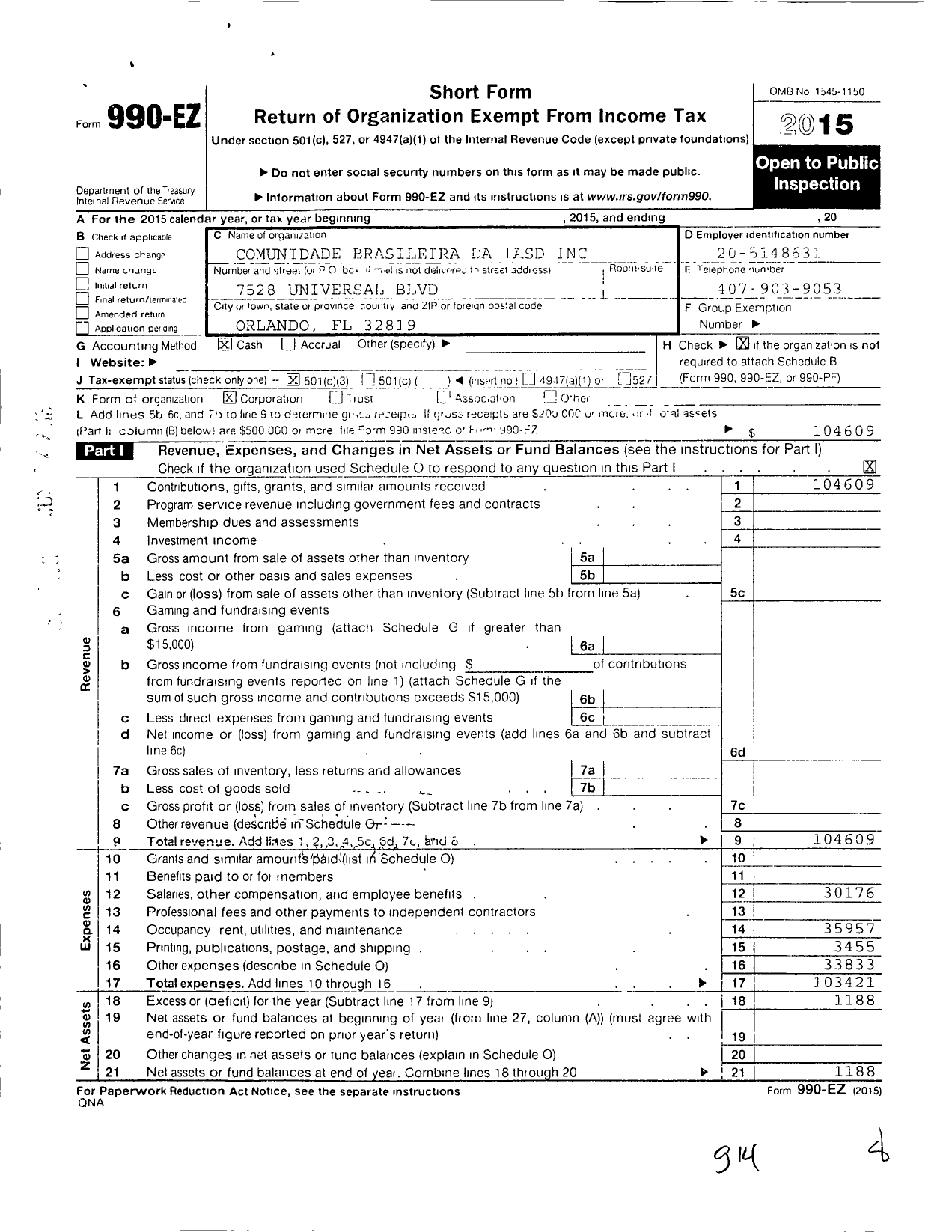 Image of first page of 2015 Form 990EZ for Comunidade Brasileira