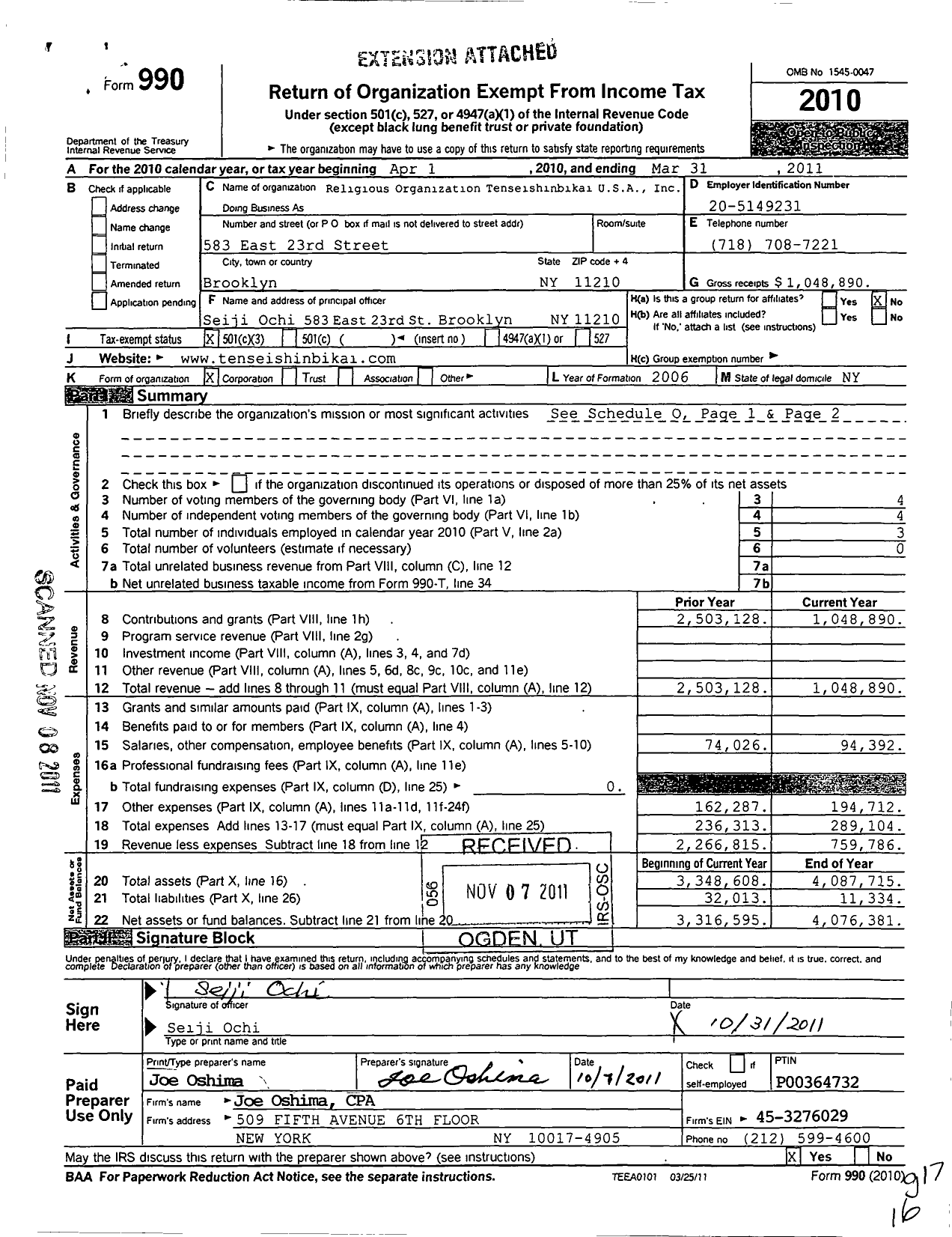 Image of first page of 2010 Form 990 for Religious Organization Tenseishinbikai USA