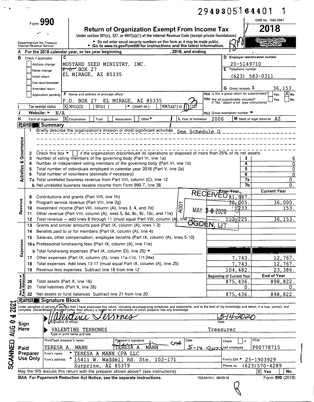 Image of first page of 2018 Form 990 for Mustard Seed Ministry