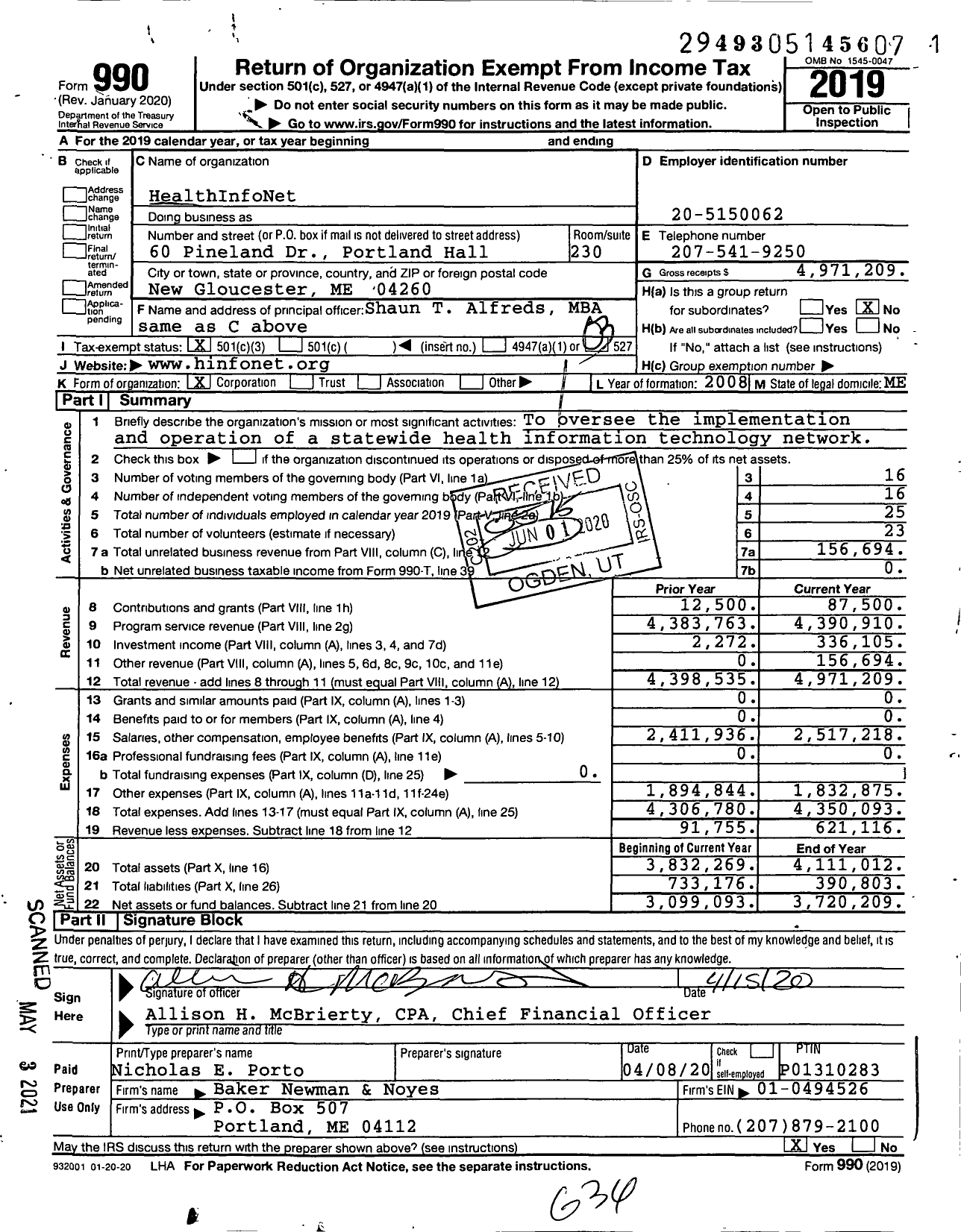 Image of first page of 2019 Form 990 for HealthInfoNet