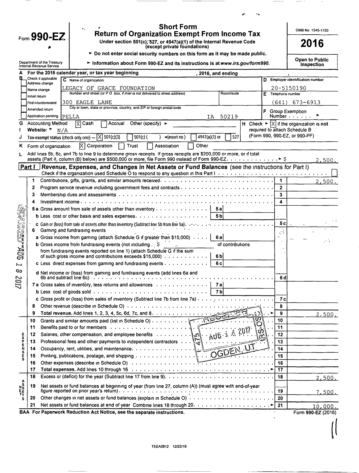 Image of first page of 2016 Form 990EZ for Legacy of Grace Foundation Incorporated