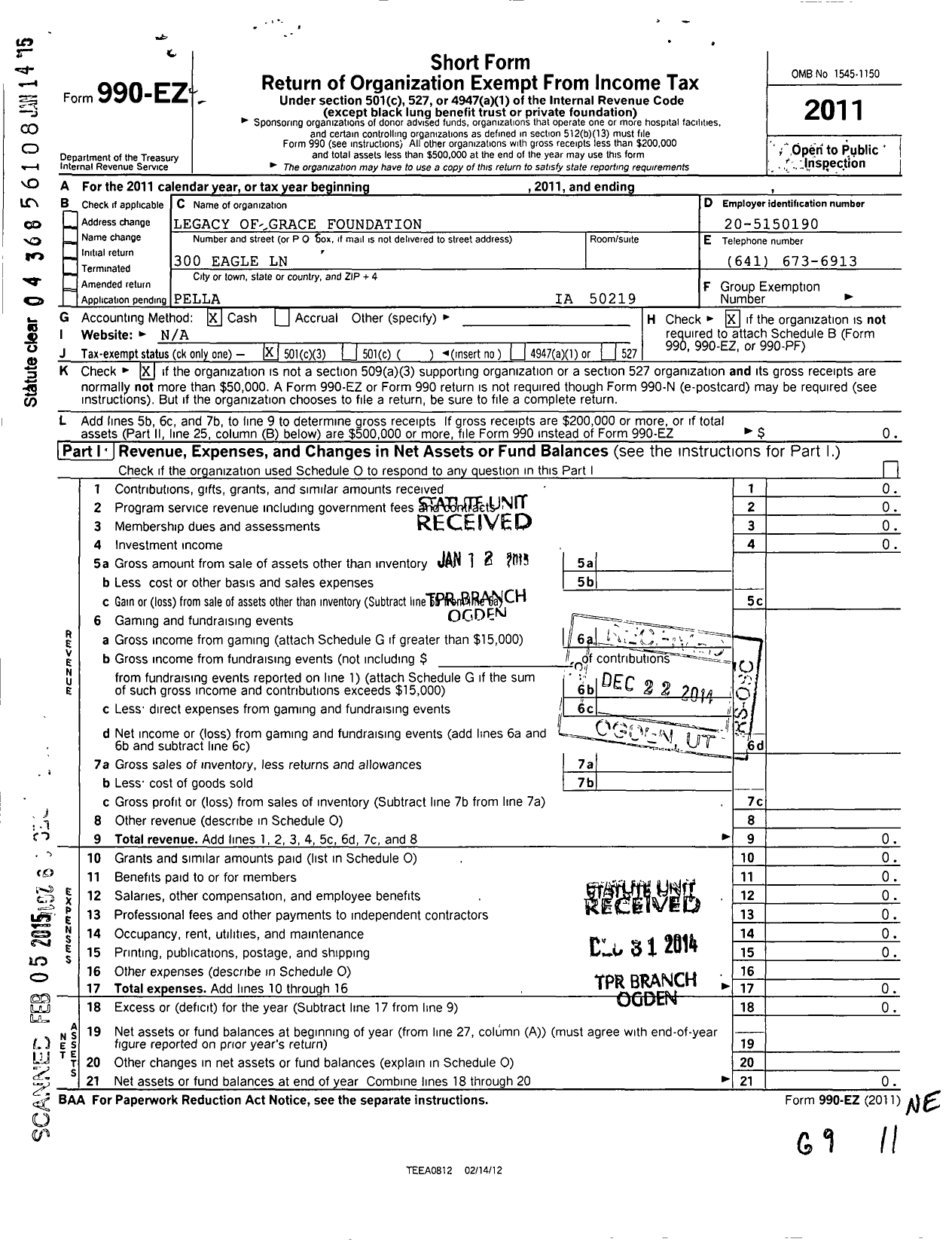 Image of first page of 2011 Form 990EZ for Legacy of Grace Foundation Incorporated