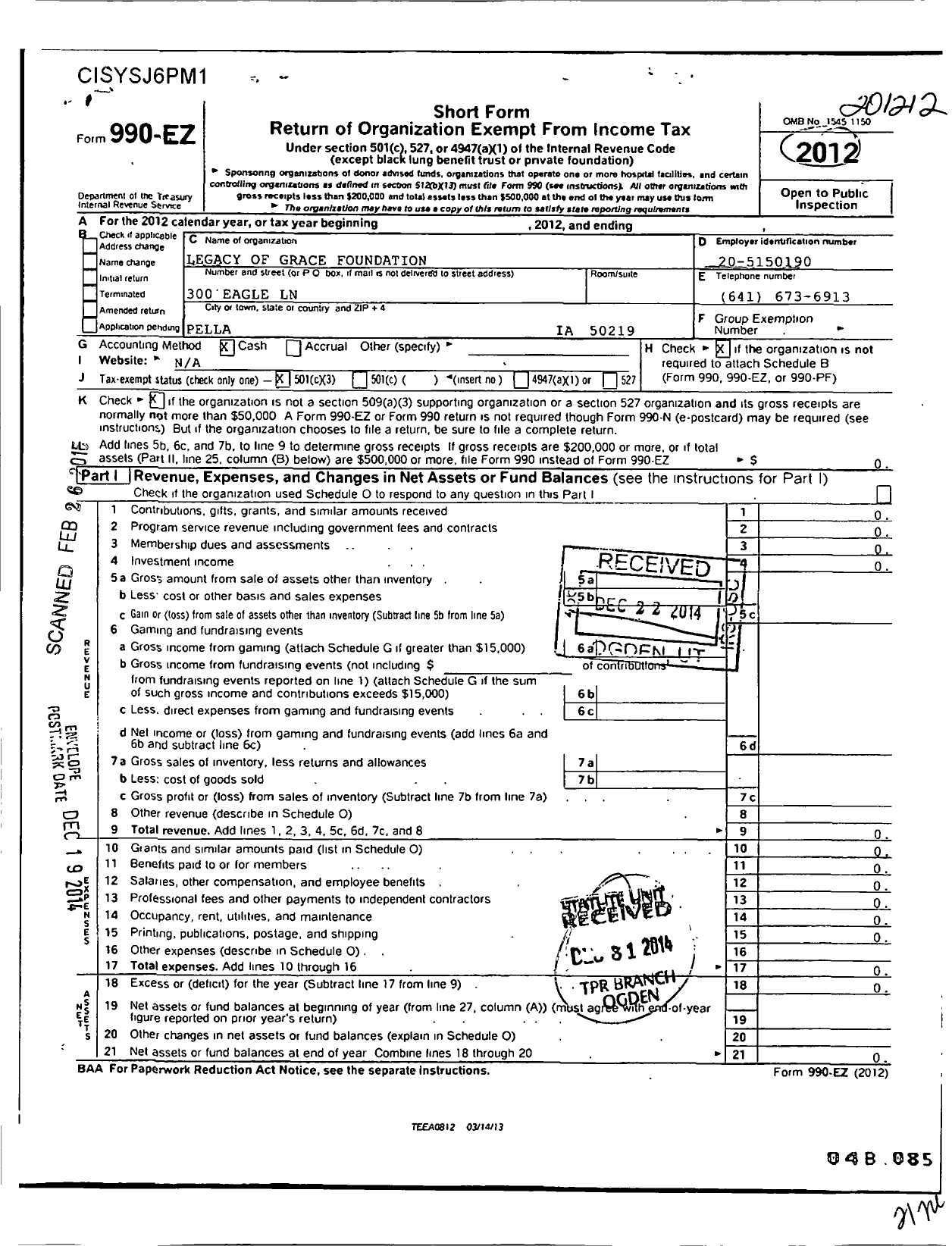 Image of first page of 2012 Form 990EZ for Legacy of Grace Foundation Incorporated