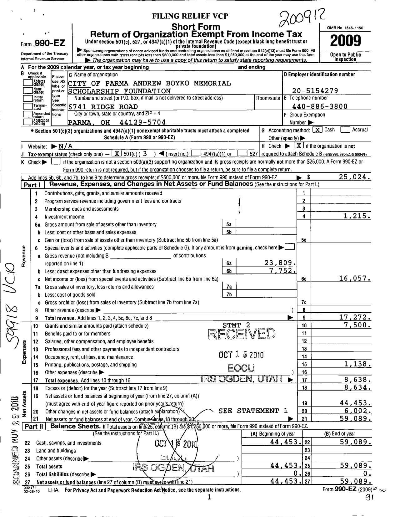 Image of first page of 2009 Form 990EZ for The City of Parma Andrew Boyko Memorial Scholarship Foundation