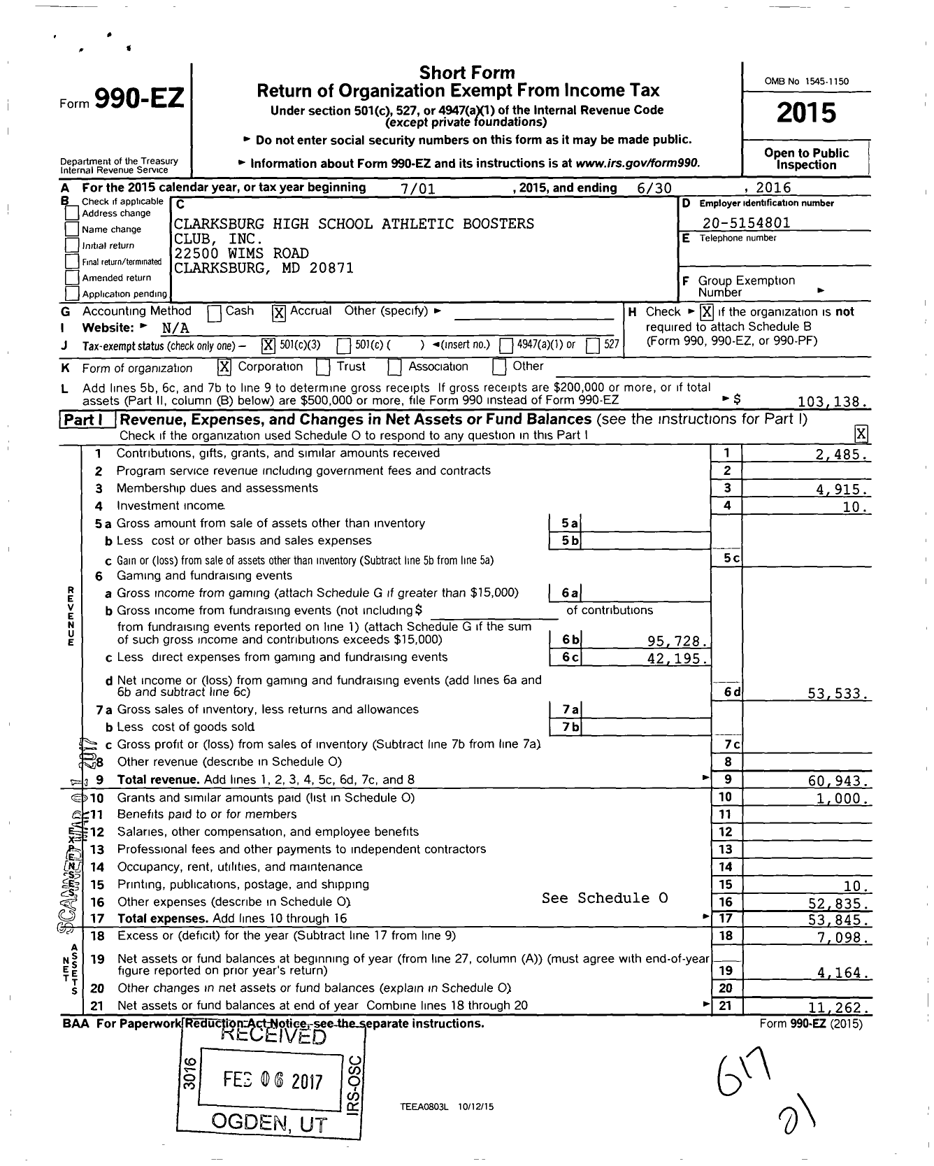 Image of first page of 2015 Form 990EZ for Clarksburg High School Athletic Boosters Club