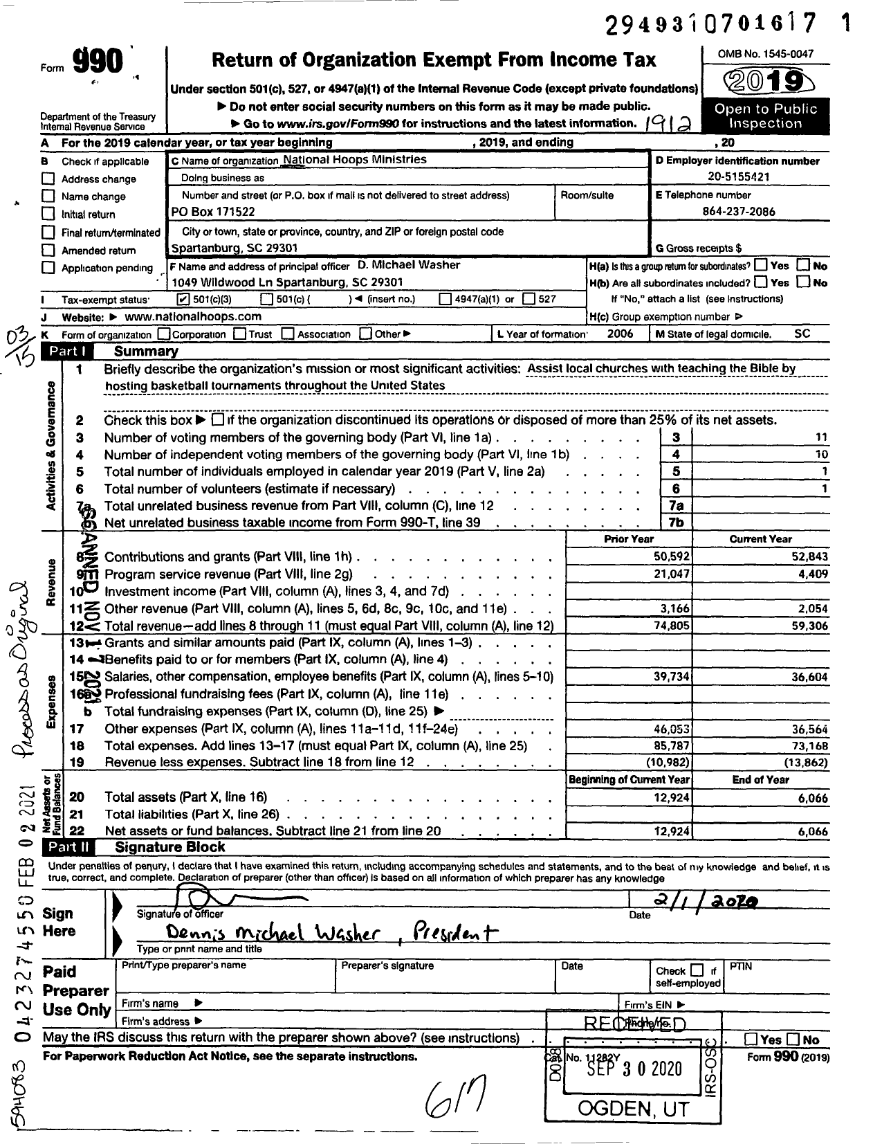 Image of first page of 2019 Form 990 for National Hoops Ministries