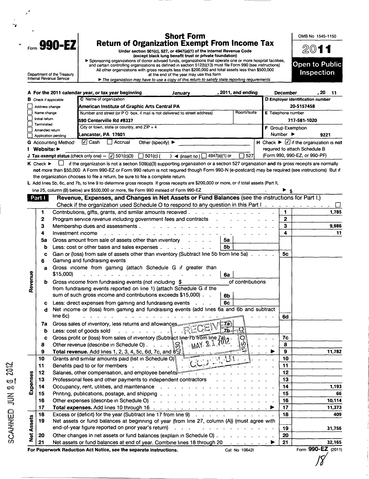 Image of first page of 2011 Form 990EZ for American Institute of Graphic Arts / Central Pennsylvania