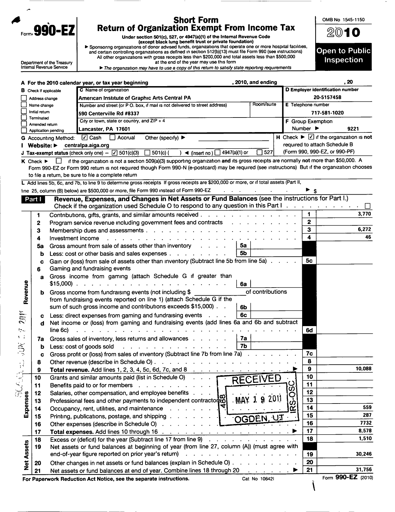 Image of first page of 2010 Form 990EZ for American Institute of Graphic Arts / Central Pennsylvania