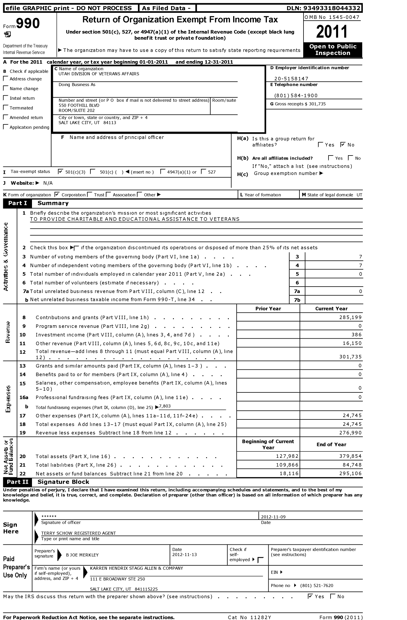 Image of first page of 2011 Form 990 for Utah Division of Veterans Affairs Charitable