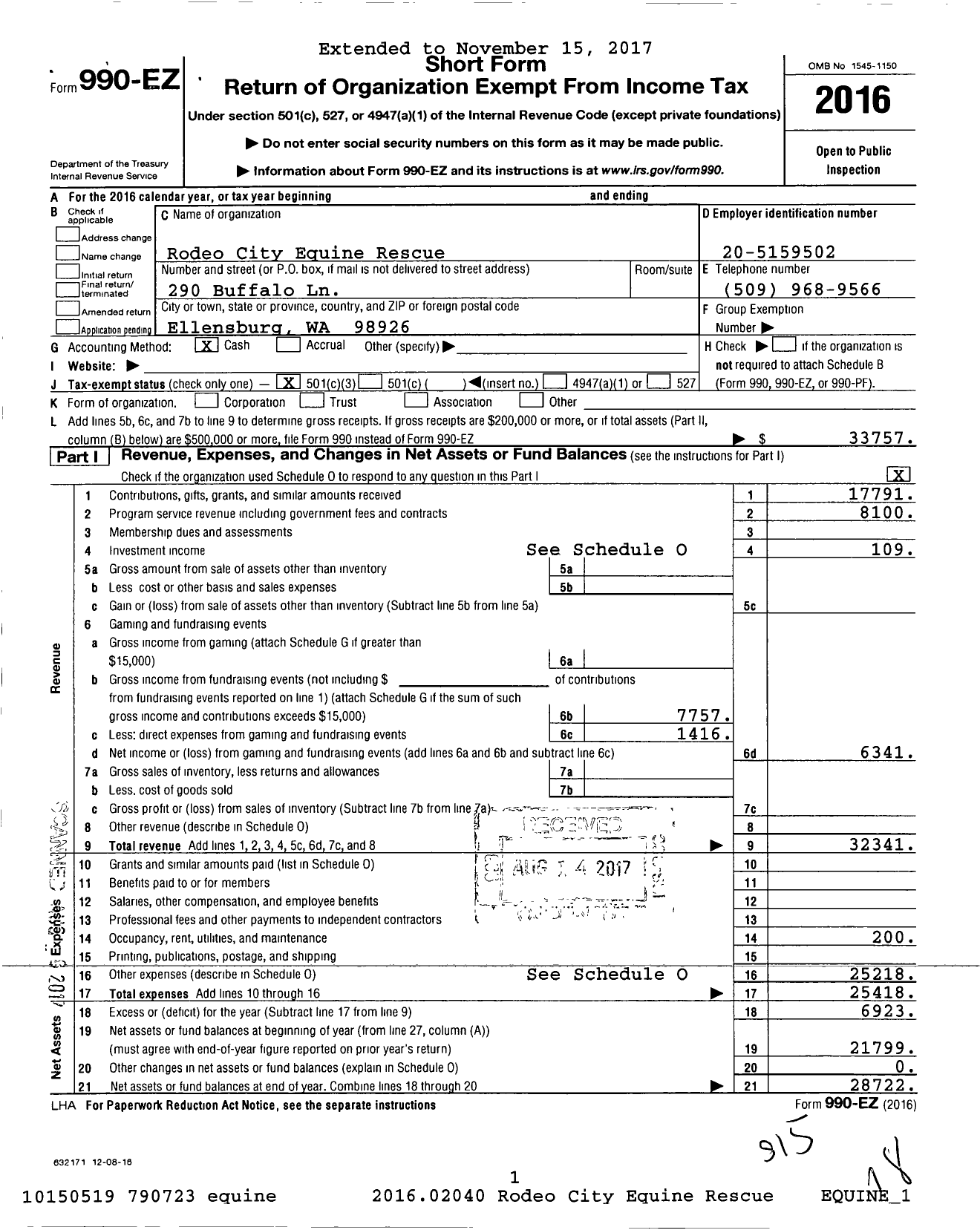 Image of first page of 2016 Form 990EZ for Rodeo City Equine Rescue