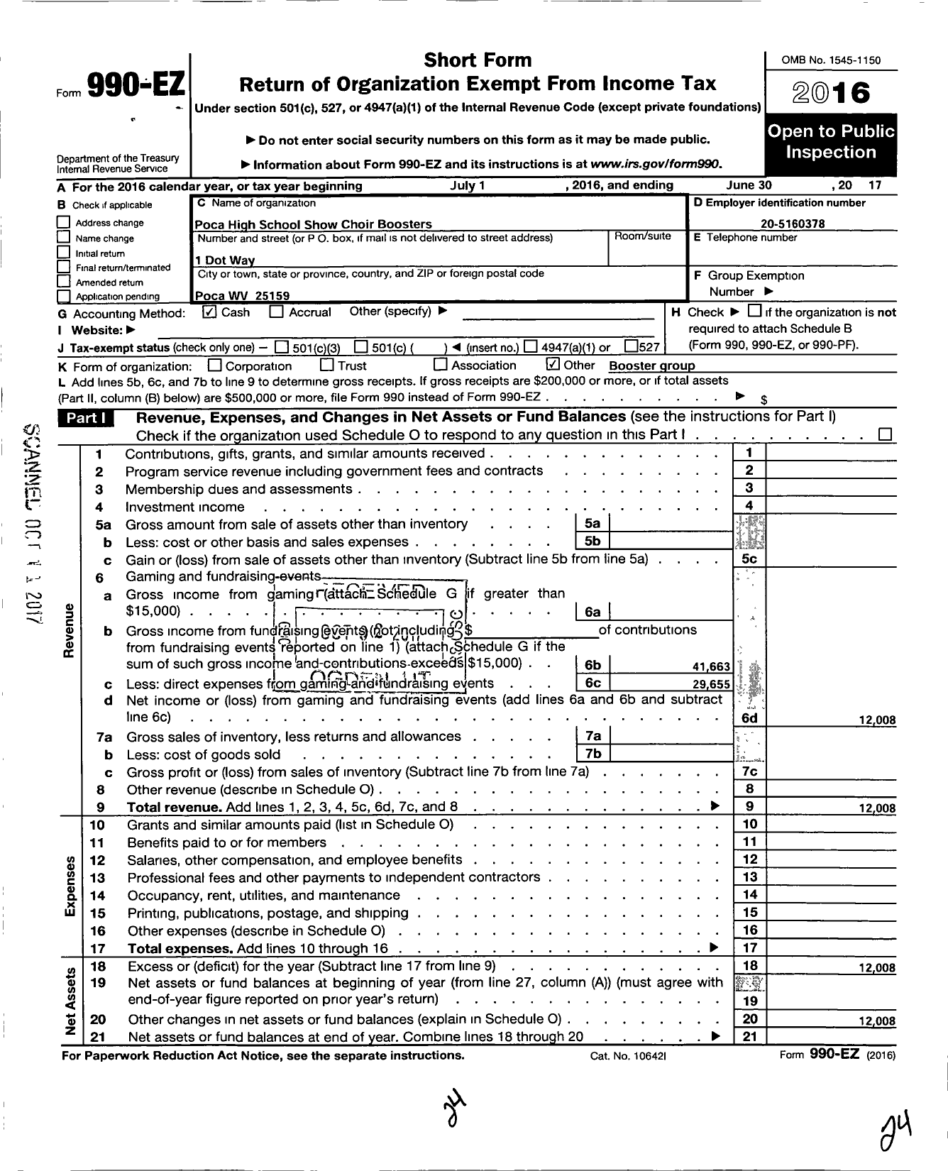 Image of first page of 2016 Form 990EO for Poca High School Show Choir Boosters