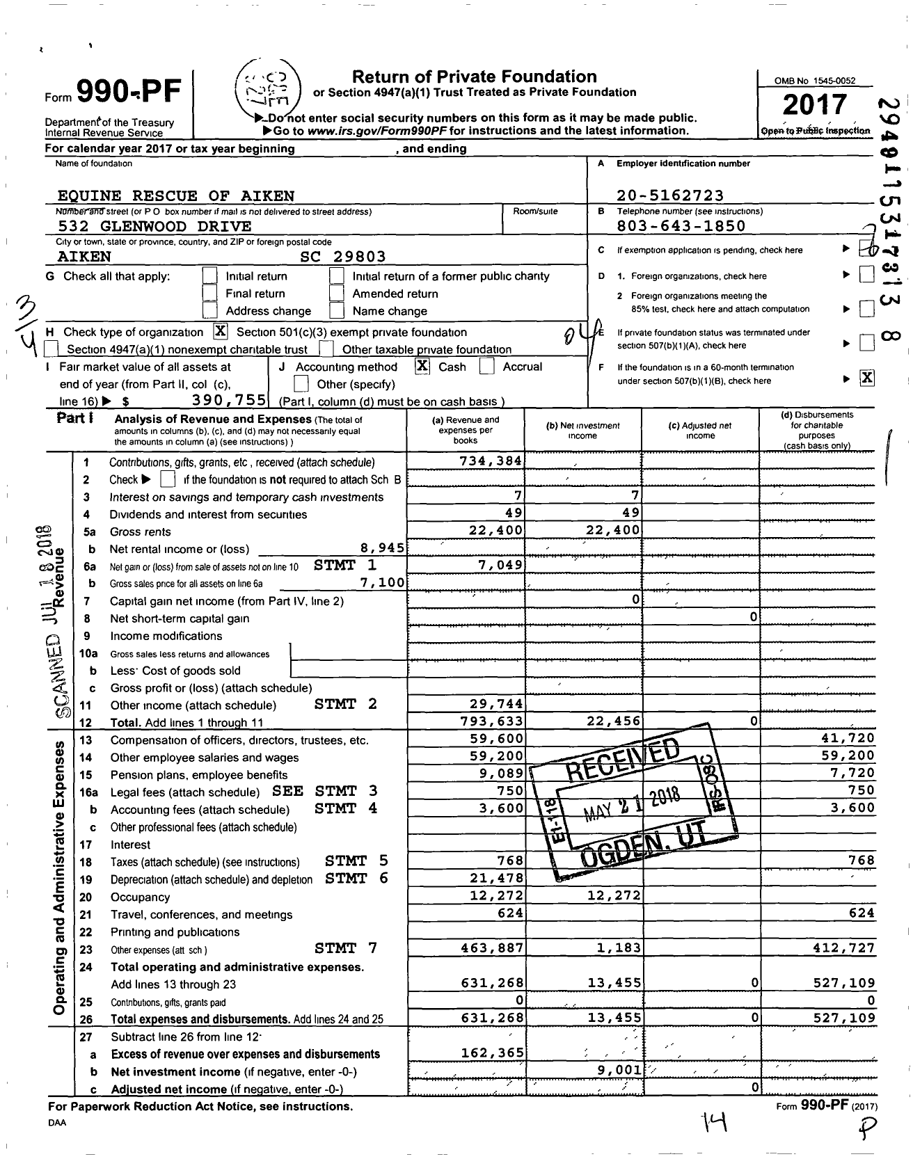 Image of first page of 2017 Form 990PF for Equine Rescue of Aiken