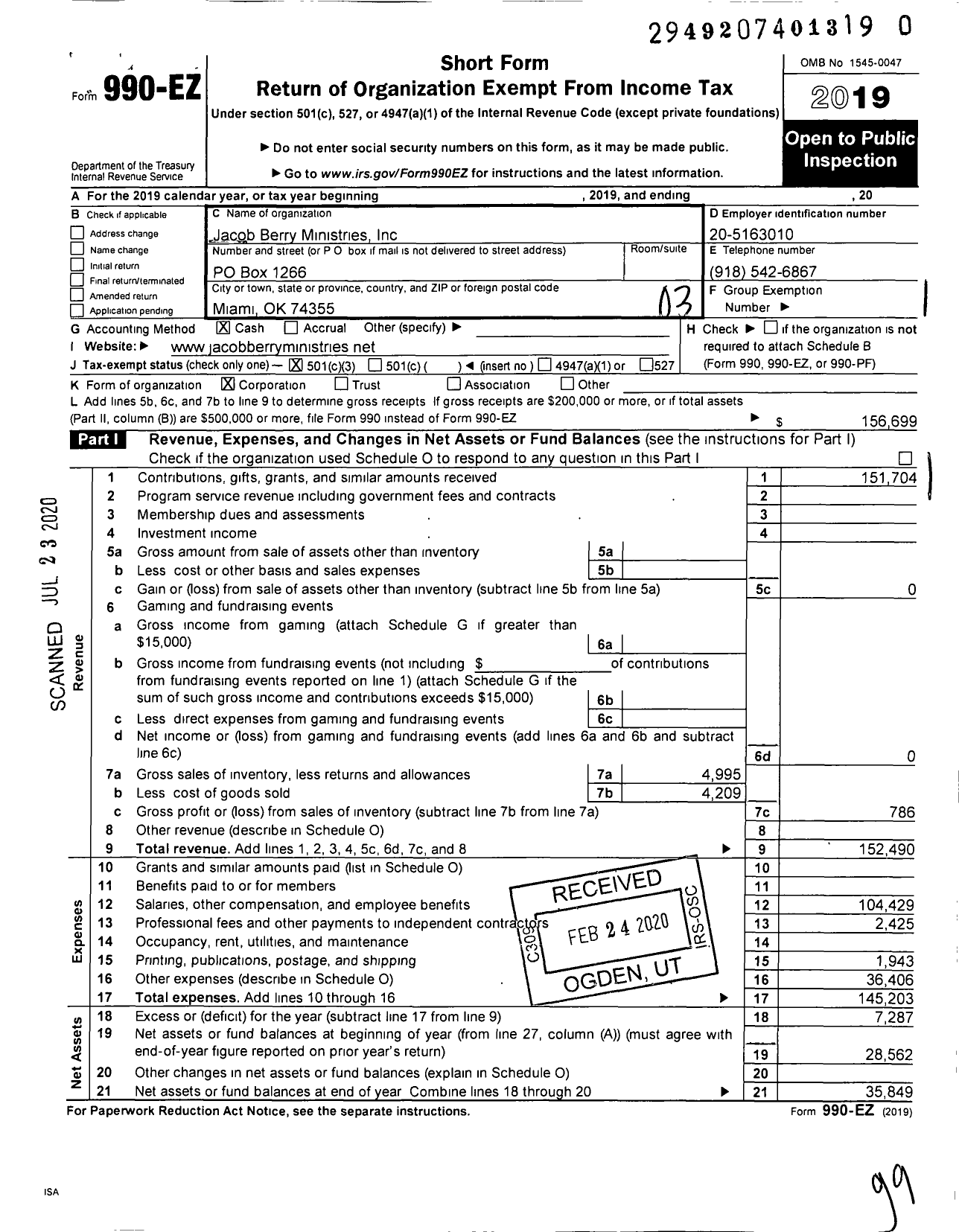 Image of first page of 2019 Form 990EZ for Jacob Berry Ministries