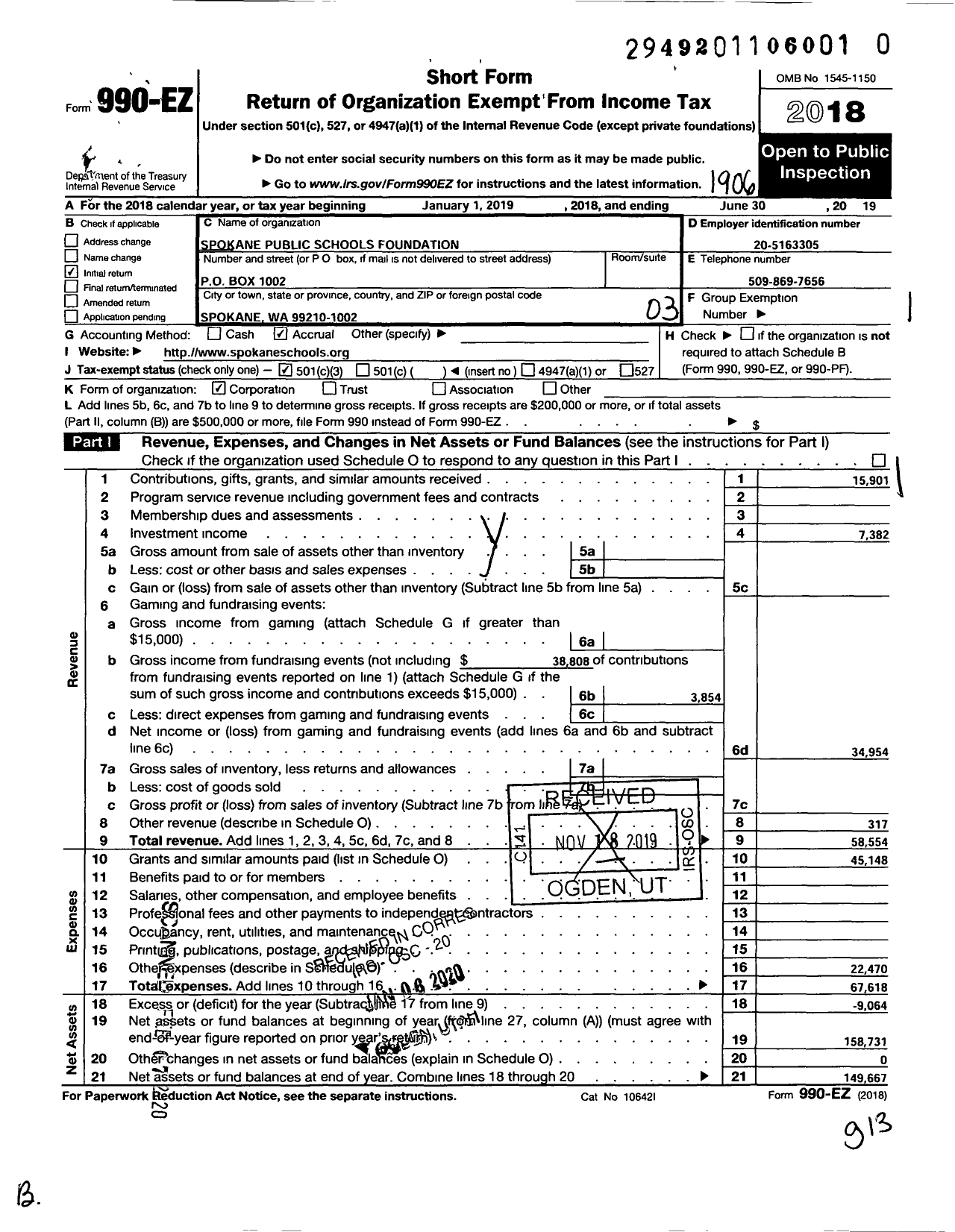 Image of first page of 2018 Form 990EZ for Spokane Public Schools Foundation