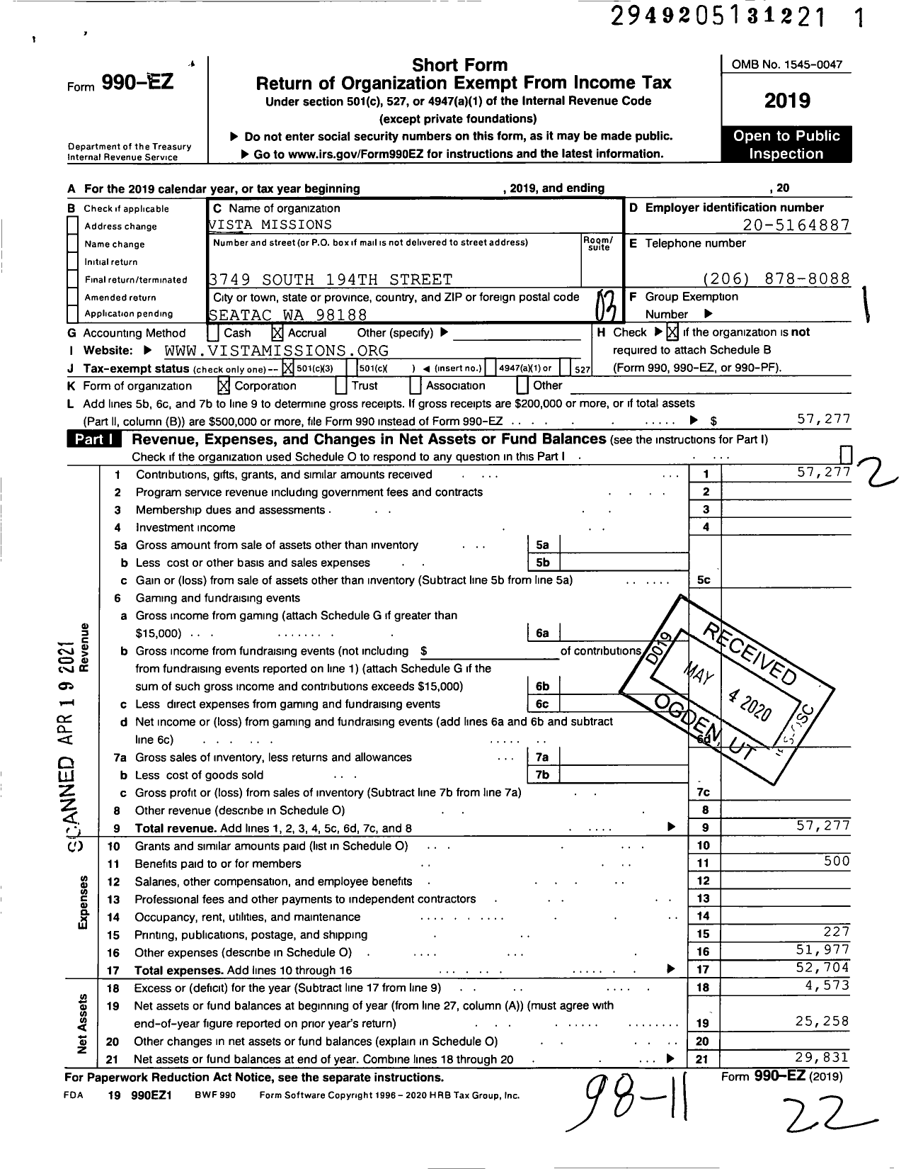 Image of first page of 2019 Form 990EZ for Vista Missions