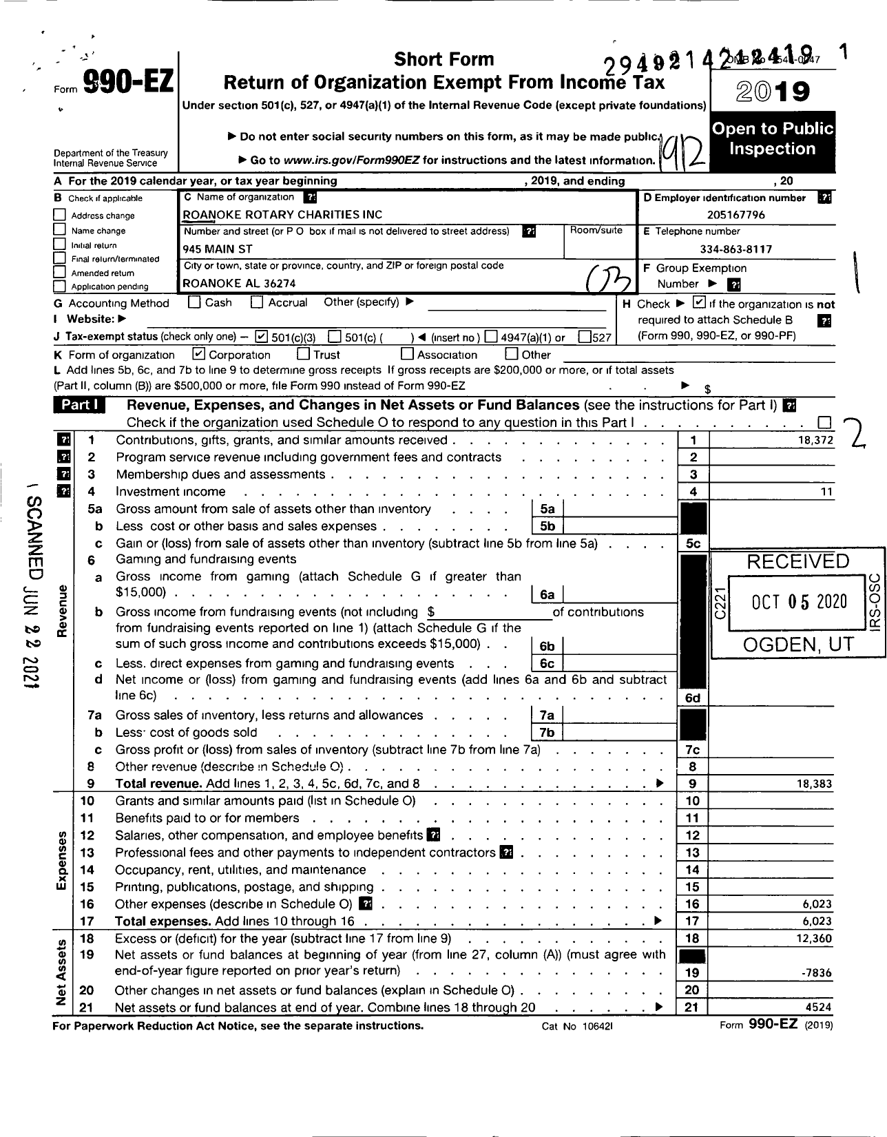 Image of first page of 2019 Form 990EZ for Roanoke Rotary Charities