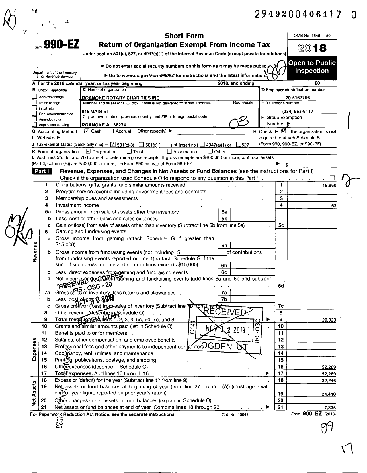 Image of first page of 2018 Form 990EZ for Roanoke Rotary Charities