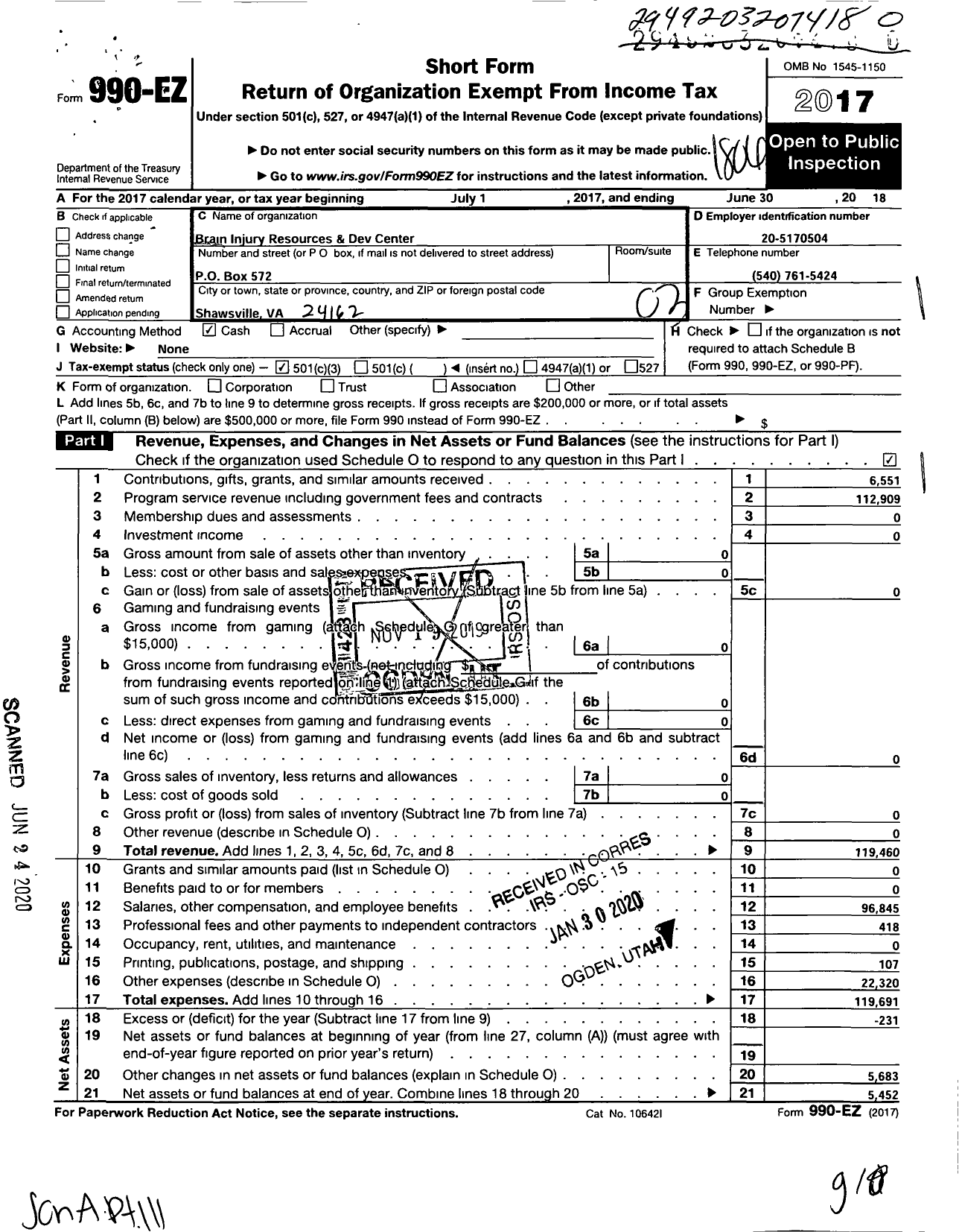 Image of first page of 2017 Form 990EZ for Brain Injury Resource and Development Center