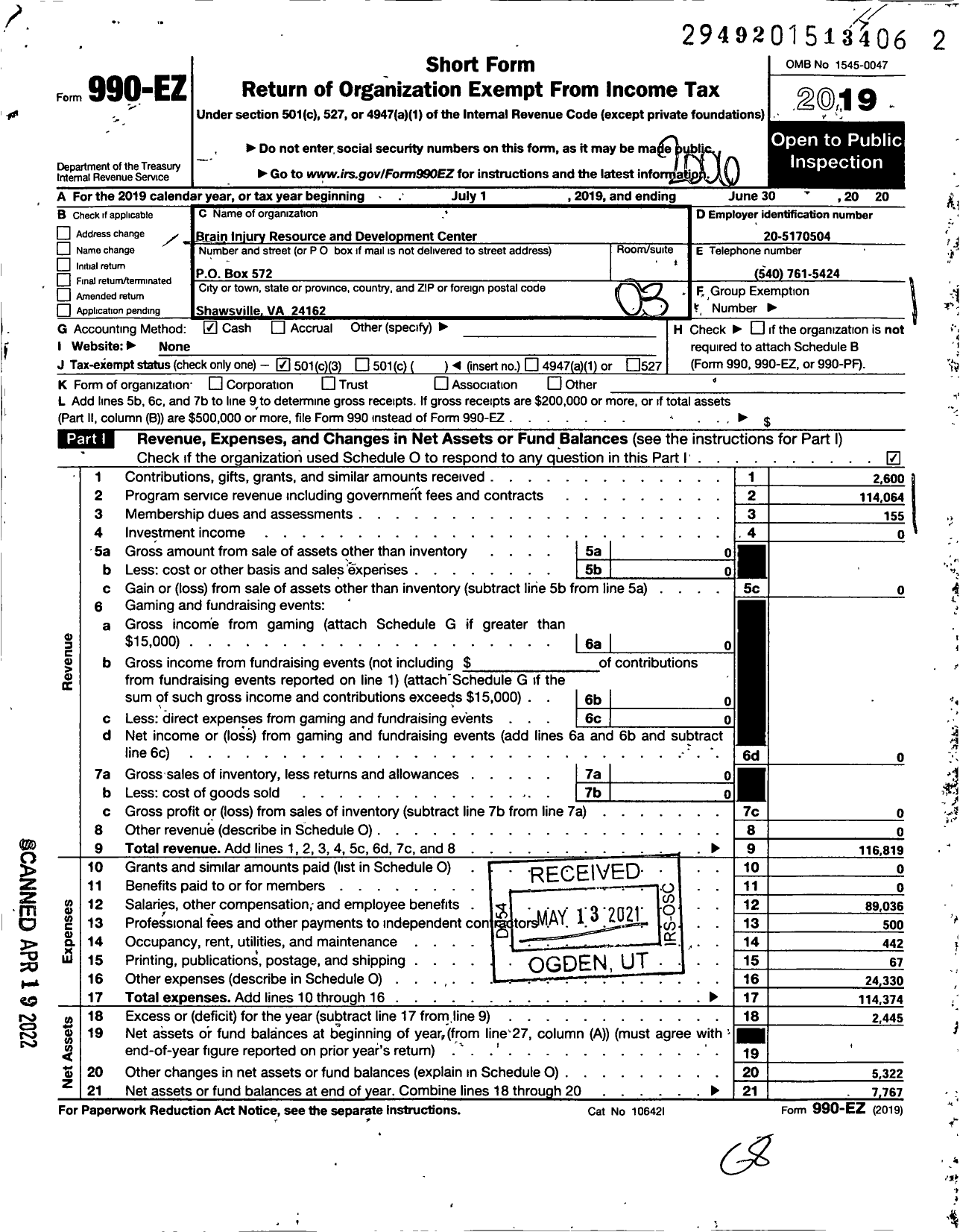 Image of first page of 2019 Form 990EZ for Brain Injury Resource and Development Center