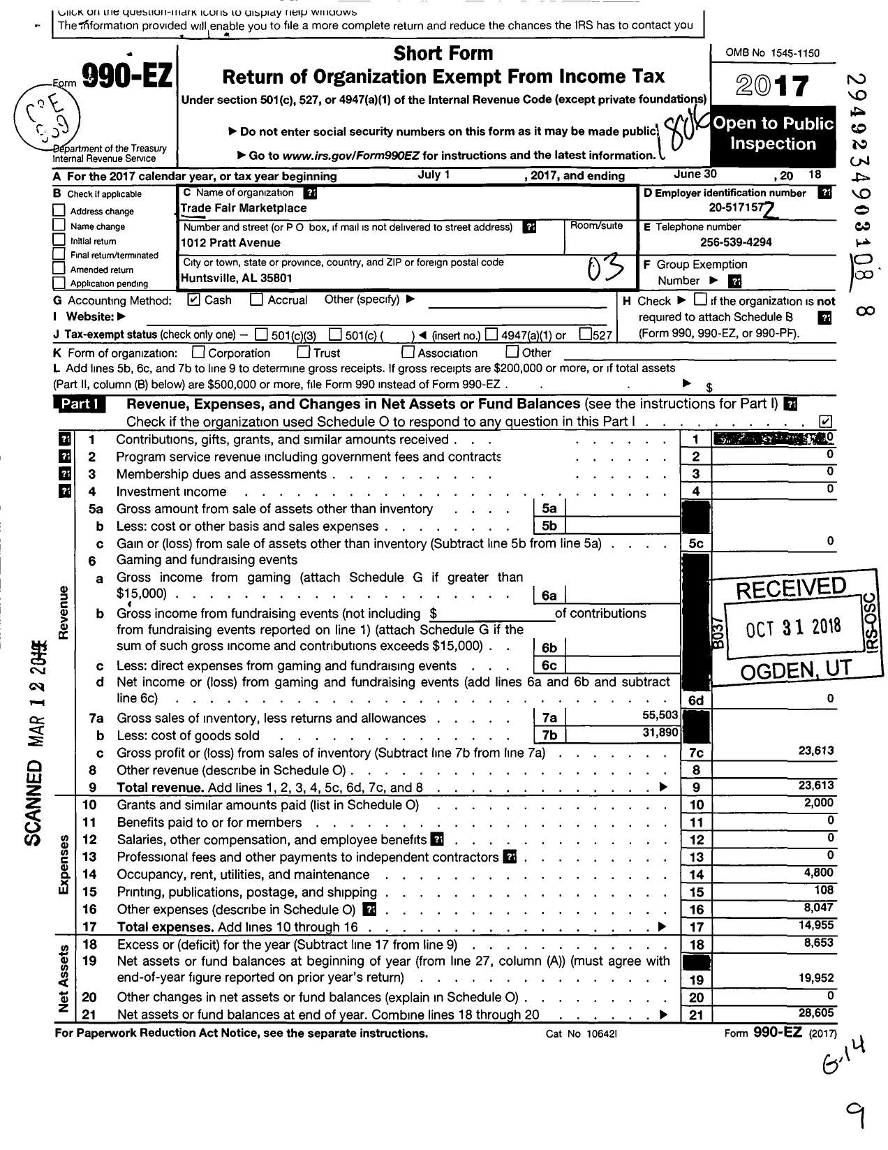 Image of first page of 2017 Form 990EZ for Trade-Fair Marketplace