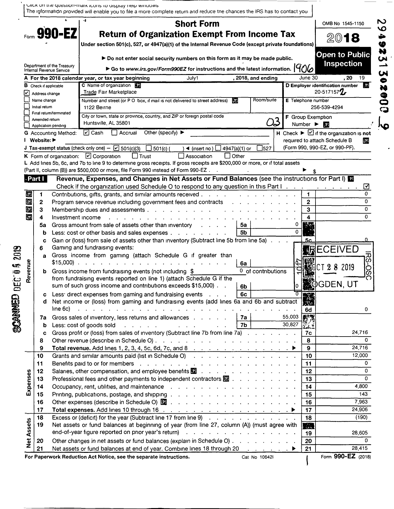 Image of first page of 2018 Form 990EZ for Trade-Fair Marketplace