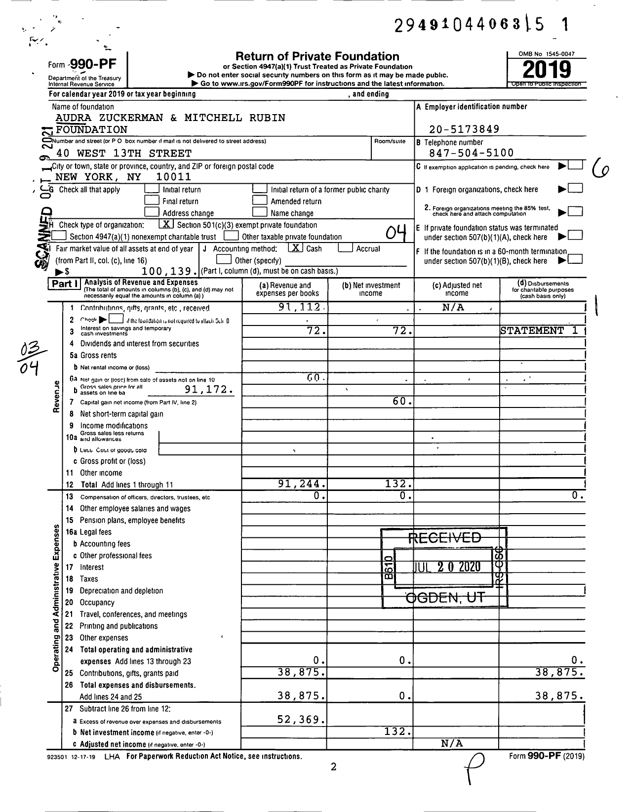 Image of first page of 2019 Form 990PF for Audra Zuckerman and Mitchell Rubin Foundation