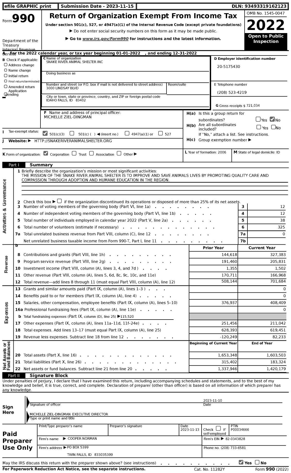 Image of first page of 2022 Form 990 for Snake River Animal Shelter (SRAS)