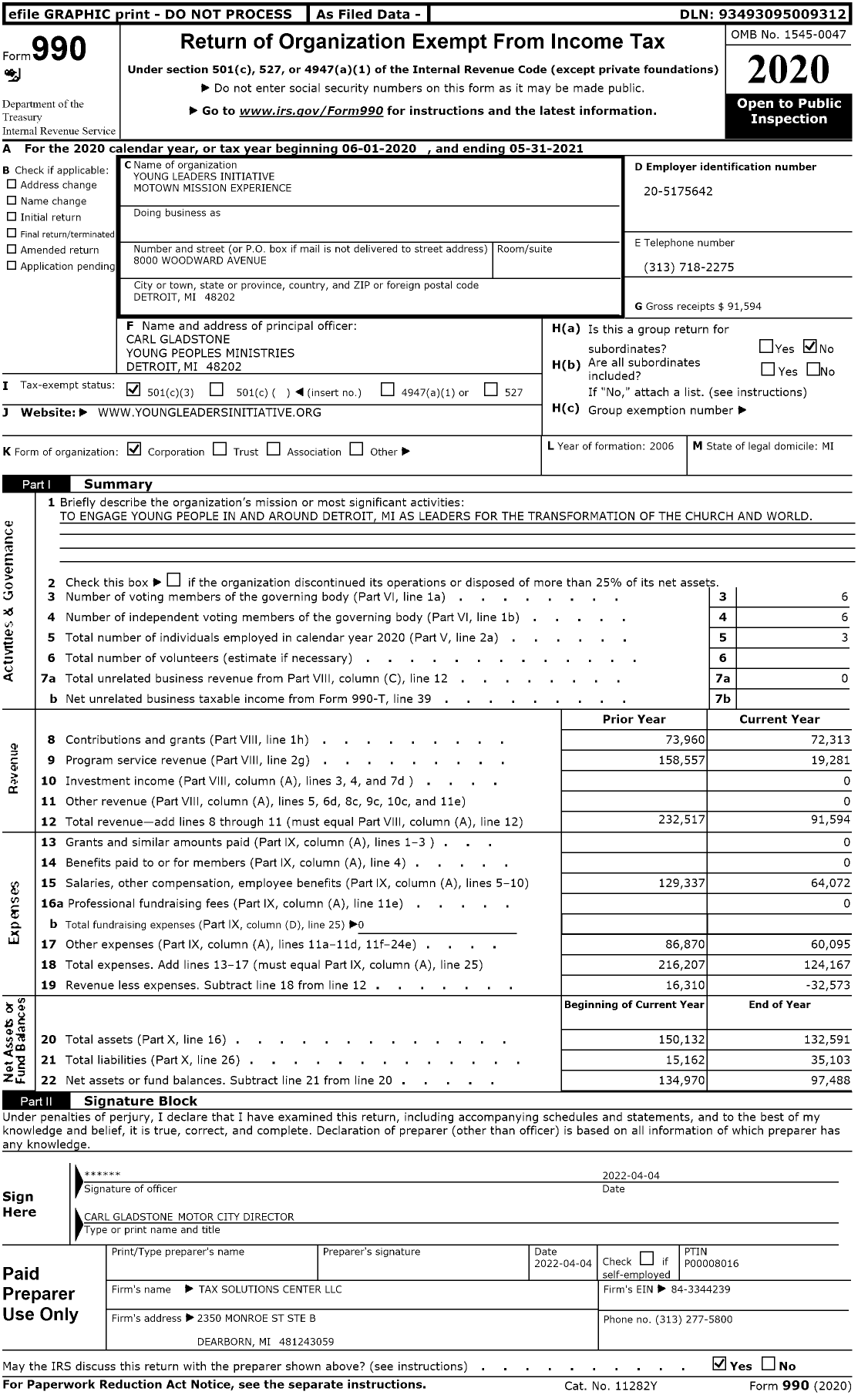 Image of first page of 2020 Form 990 for Young Leaders Initiative Motown Mission Experience