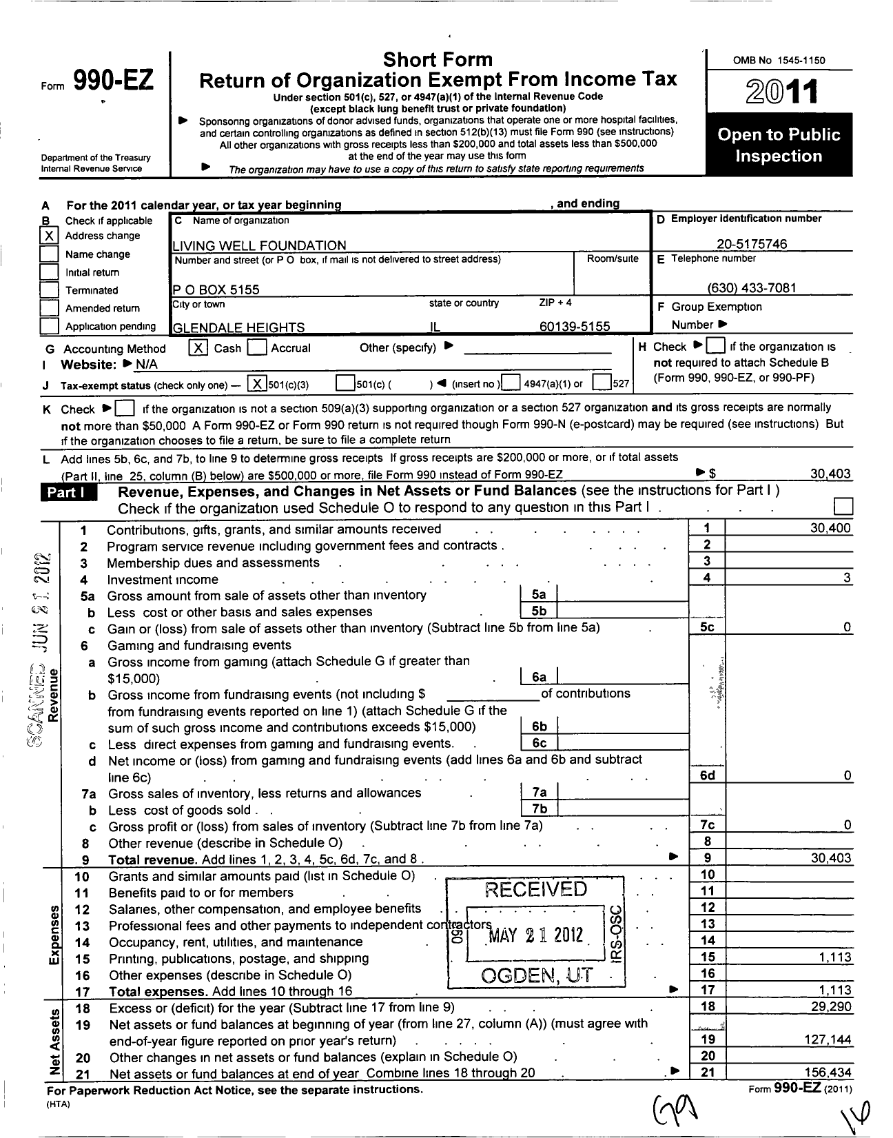 Image of first page of 2011 Form 990EZ for Living Well Foundation